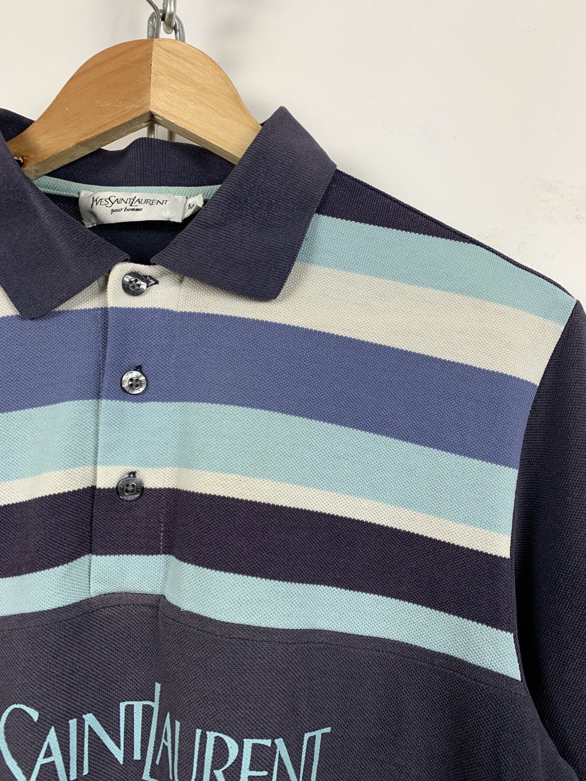 Vintage Vintage Yves Saint Laurent Big Logo Faded Blue Polo T-Shirt Size US M / EU 48-50 / 2 - 6 Thumbnail