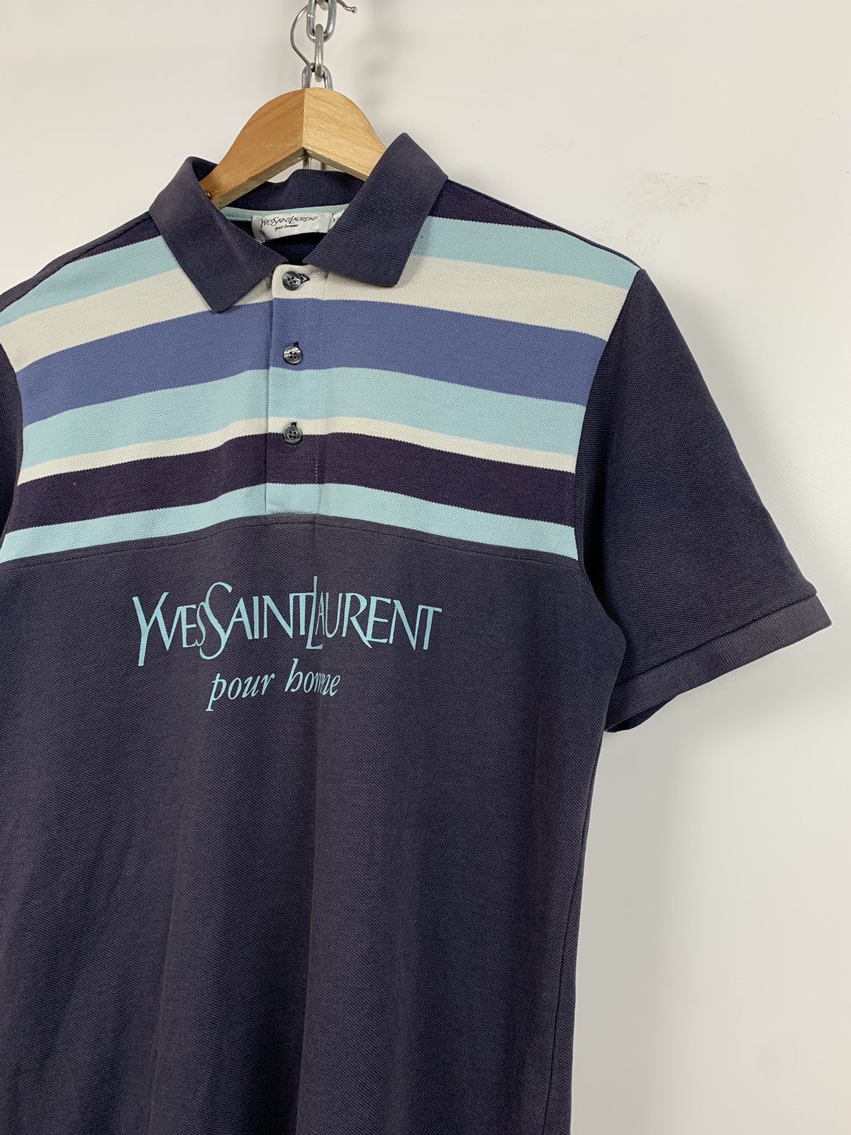Vintage Vintage Yves Saint Laurent Big Logo Faded Blue Polo T-Shirt Size US M / EU 48-50 / 2 - 3 Thumbnail