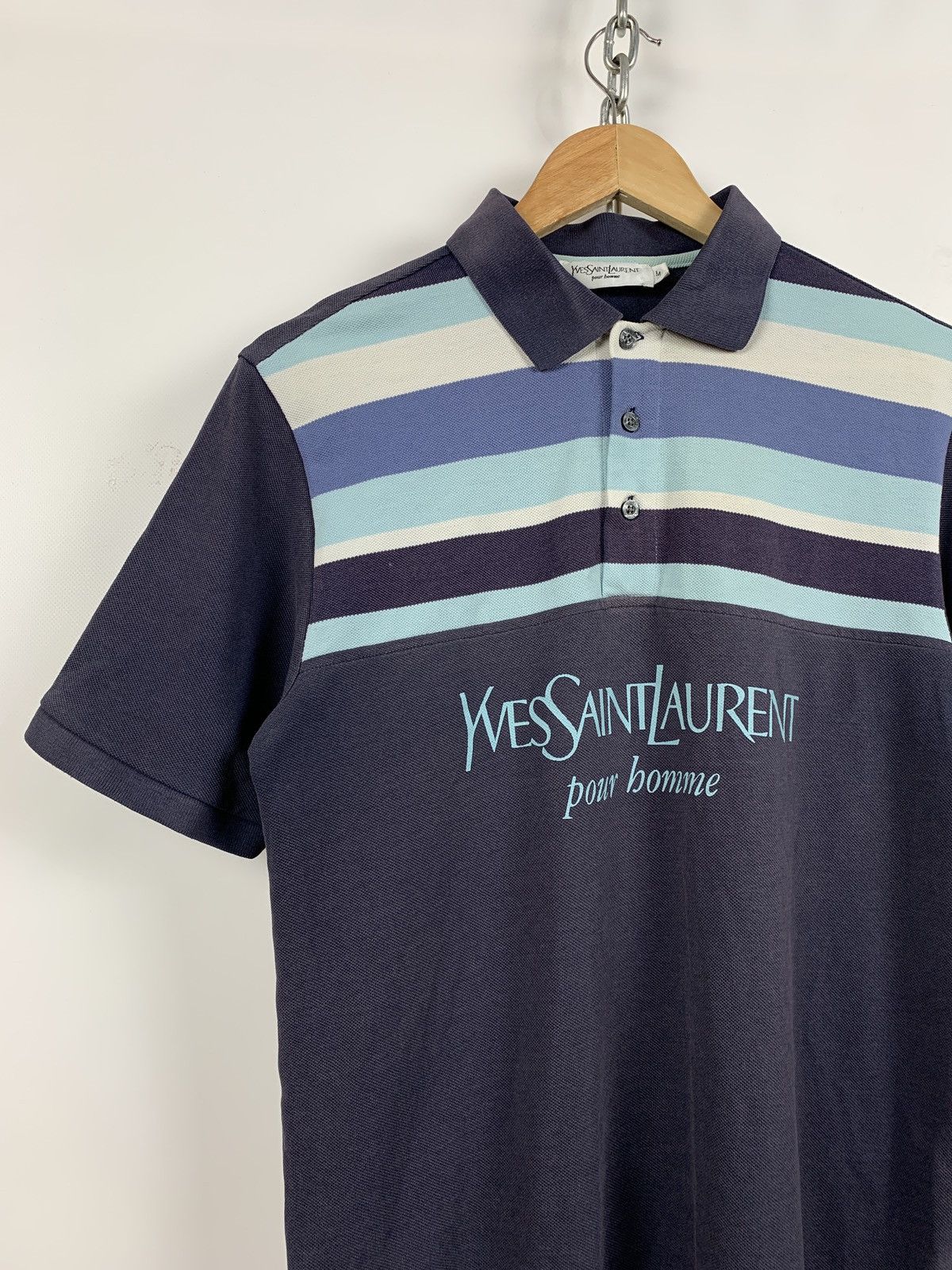 Vintage Vintage Yves Saint Laurent Big Logo Faded Blue Polo T-Shirt Size US M / EU 48-50 / 2 - 2 Thumbnail