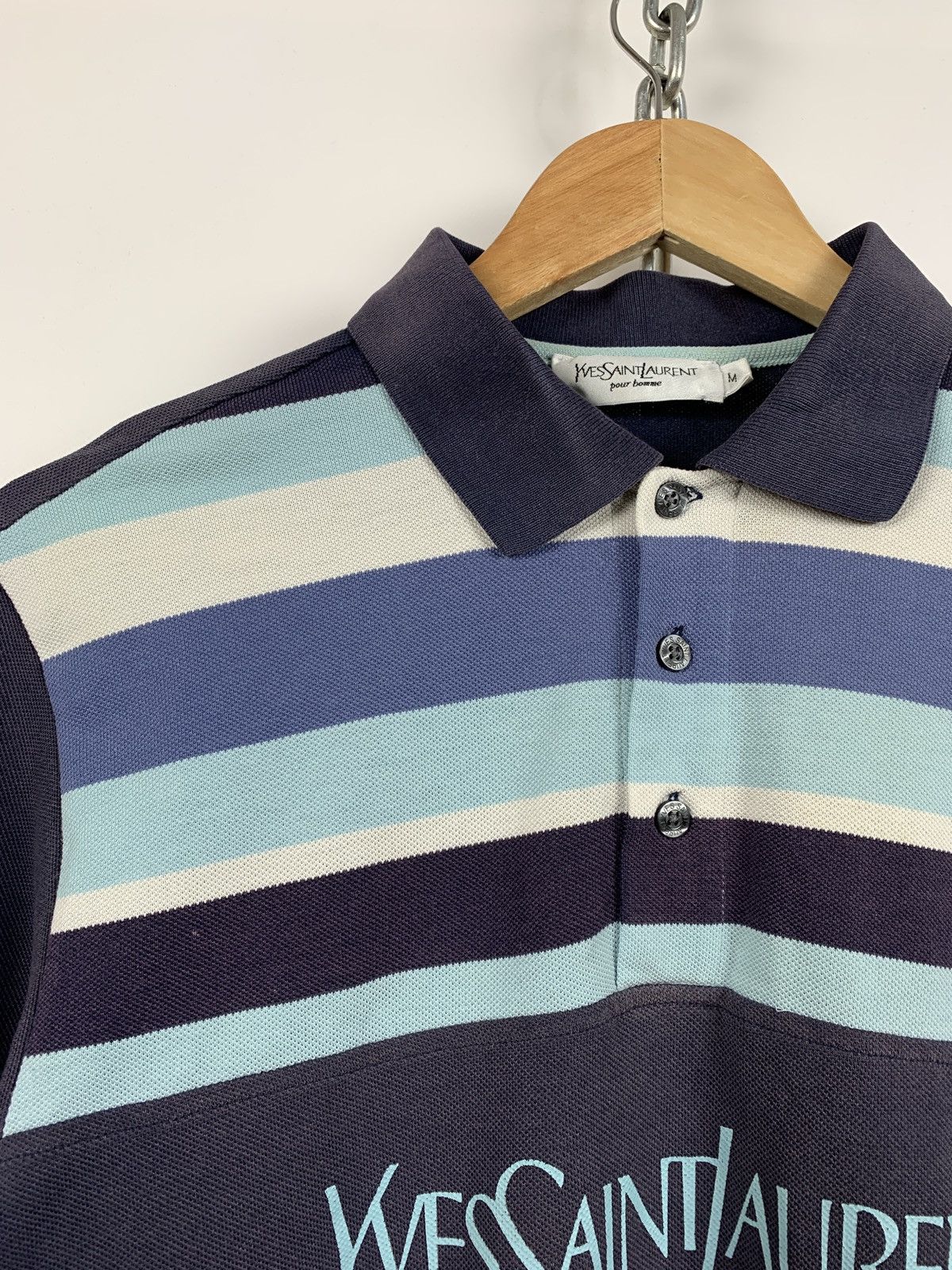 Vintage Vintage Yves Saint Laurent Big Logo Faded Blue Polo T-Shirt Size US M / EU 48-50 / 2 - 5 Thumbnail