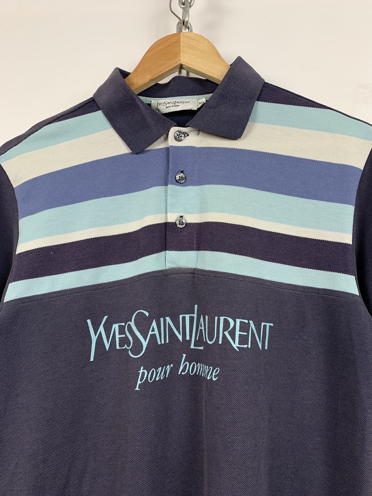 Vintage Vintage Yves Saint Laurent Big Logo Faded Blue Polo T-Shirt Size US M / EU 48-50 / 2 - 4 Thumbnail