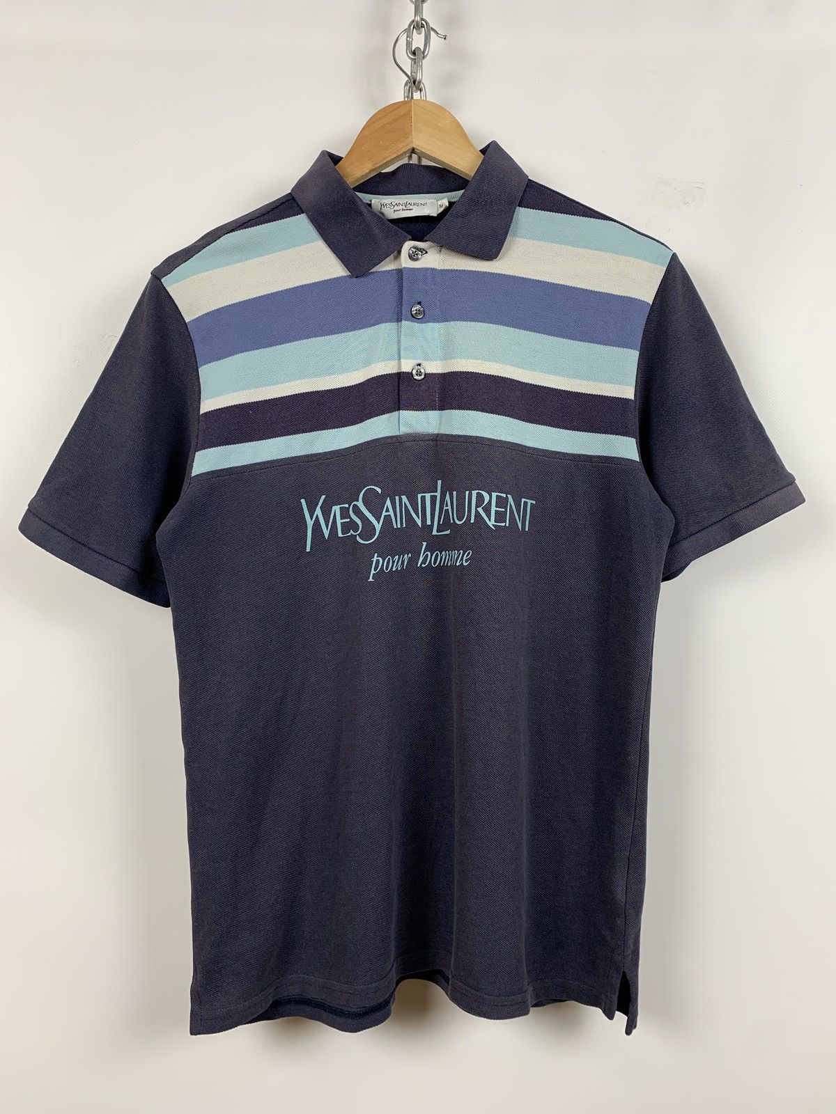 Vintage Vintage Yves Saint Laurent Big Logo Faded Blue Polo T-Shirt Size US M / EU 48-50 / 2 - 1 Thumbnail