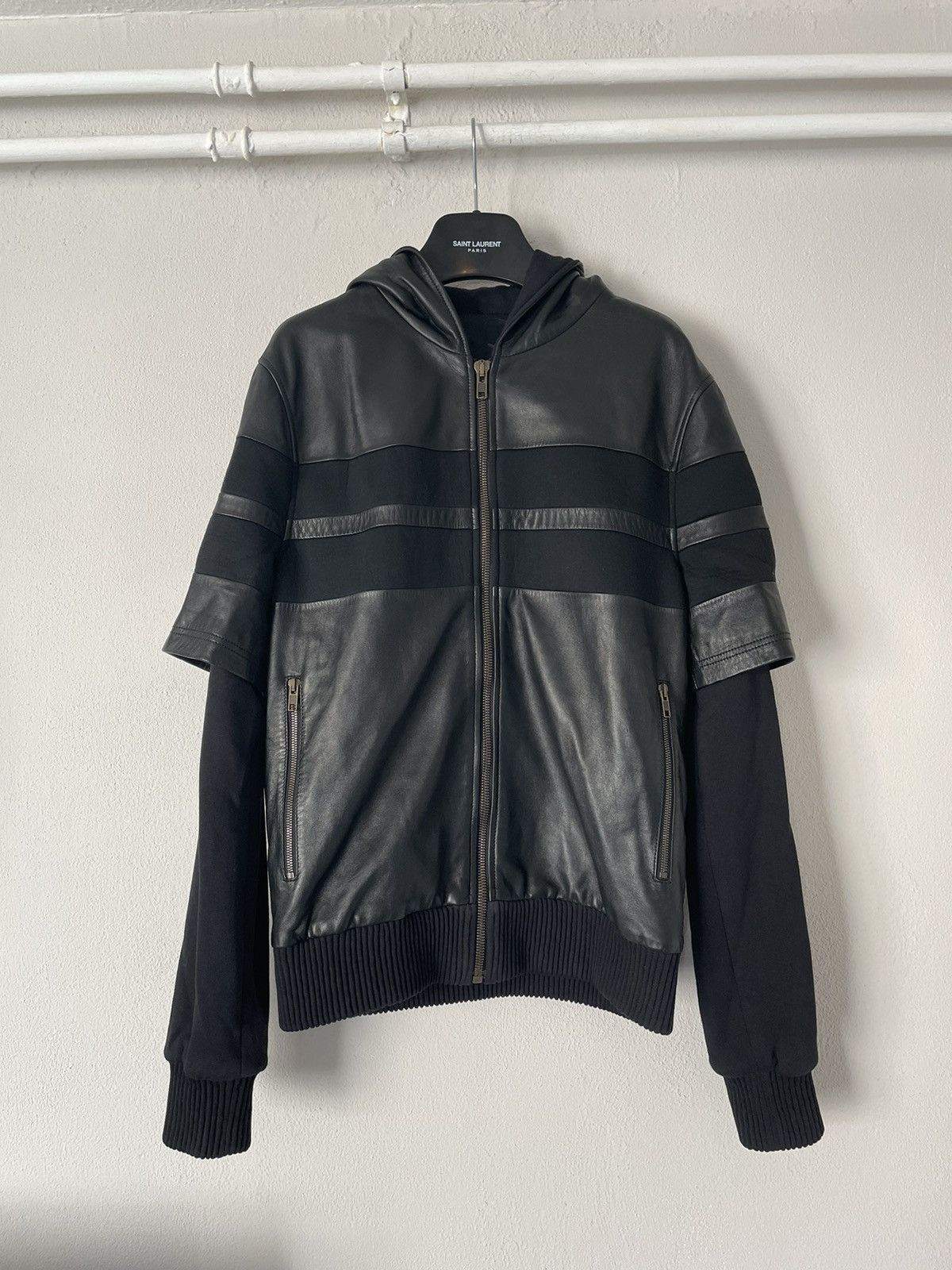 image of Givenchy Double Sleeves Leather Stripe Cotton Bomber Jacket in Black, Men's (Size Medium)