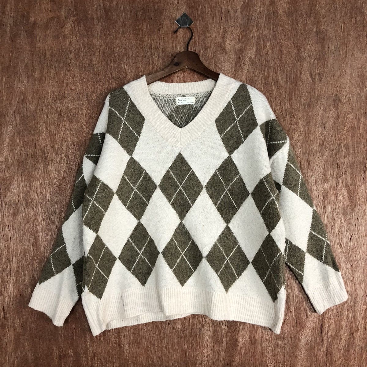 Monocode Cream Beige Checkered Pattern Knit Sweater #639