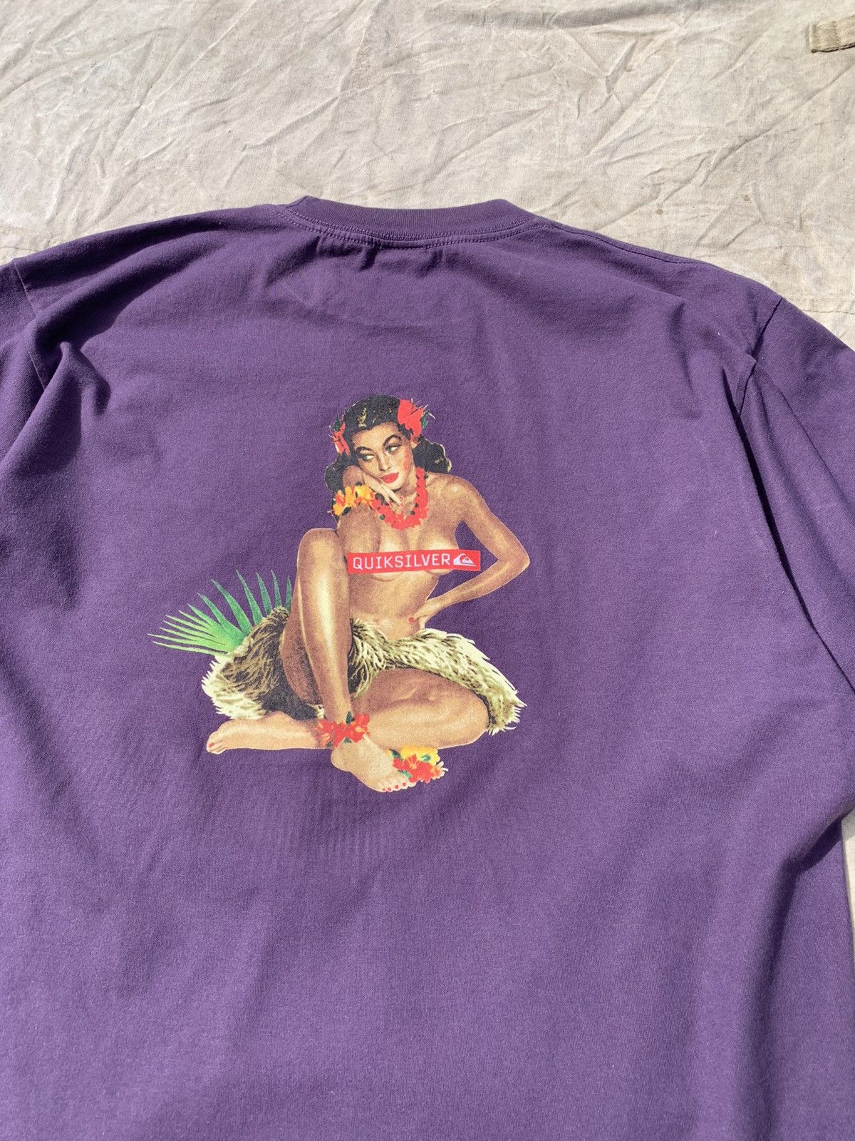 image of Vintage Quiksilver Nude Hawaiian Girl in Purple, Men's (Size Large)