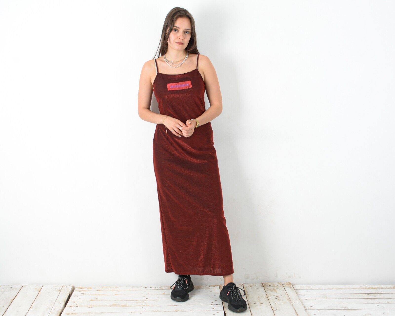 Vintage Y2K French Slip Shimmer Spaghetti Strap Dress Sequin Maxi Size M / US 6-8 / IT 42-44 - 2 Thumbnail