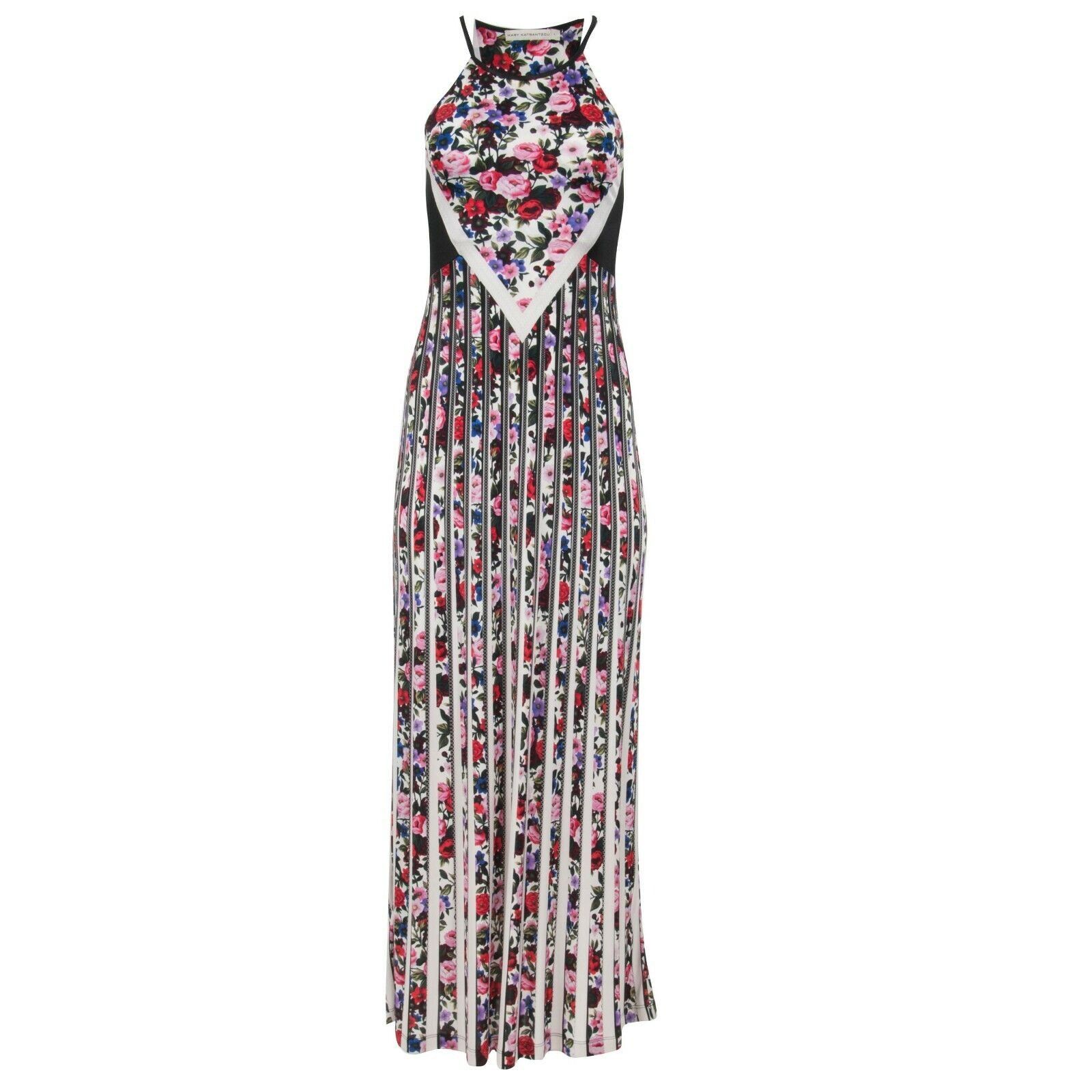 Maxi Dress White Pink Floral Viscose Sleeveless Gown
