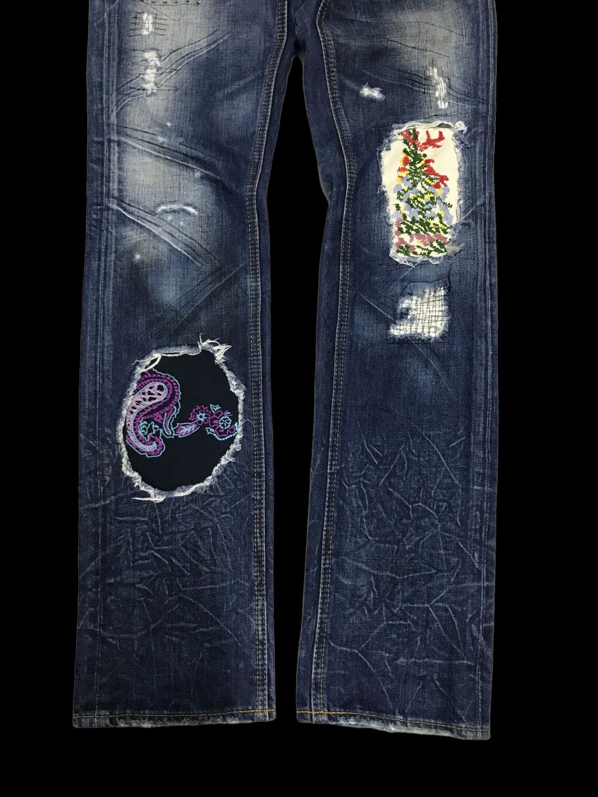 If Six Was Nine × Kazuki Kuraishi Patchwork Kuraishi Distressed Double Waist Denim Jeans Size 28" / US 6 / IT 42 - 3 Thumbnail