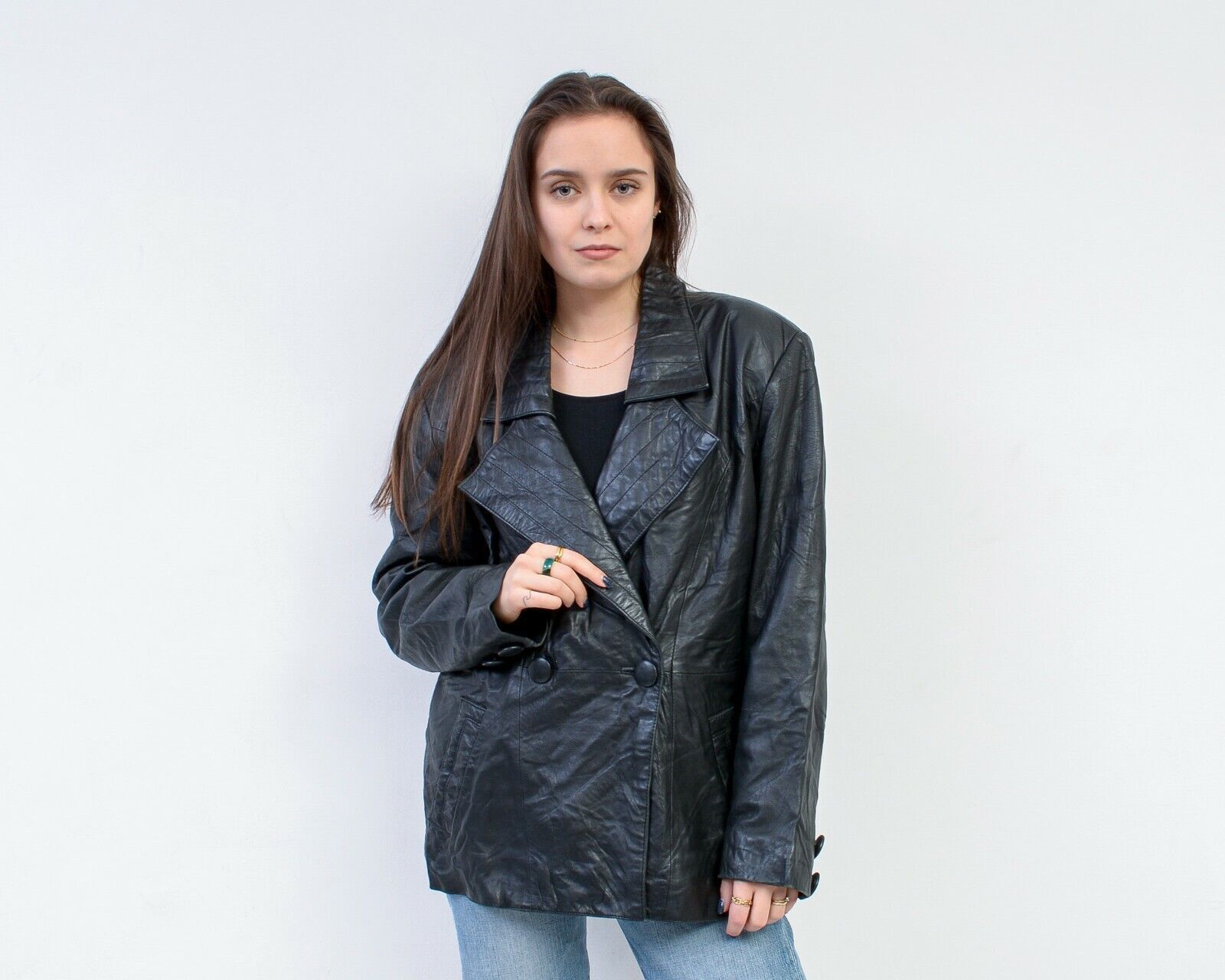 Vintage Leather Jacket Double Breasted Blazer Coat Biker Buttons Size L / US 10 / IT 46 - 1 Thumbnail