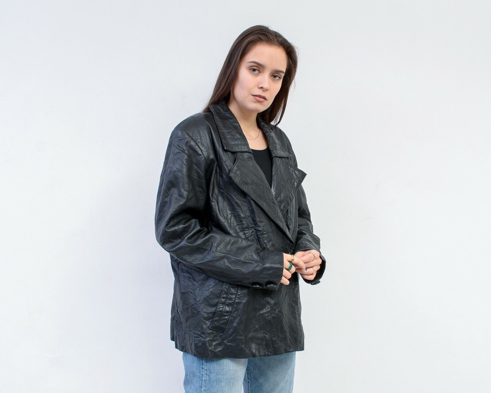 Vintage Leather Jacket Double Breasted Blazer Coat Biker Buttons Size L / US 10 / IT 46 - 3 Thumbnail