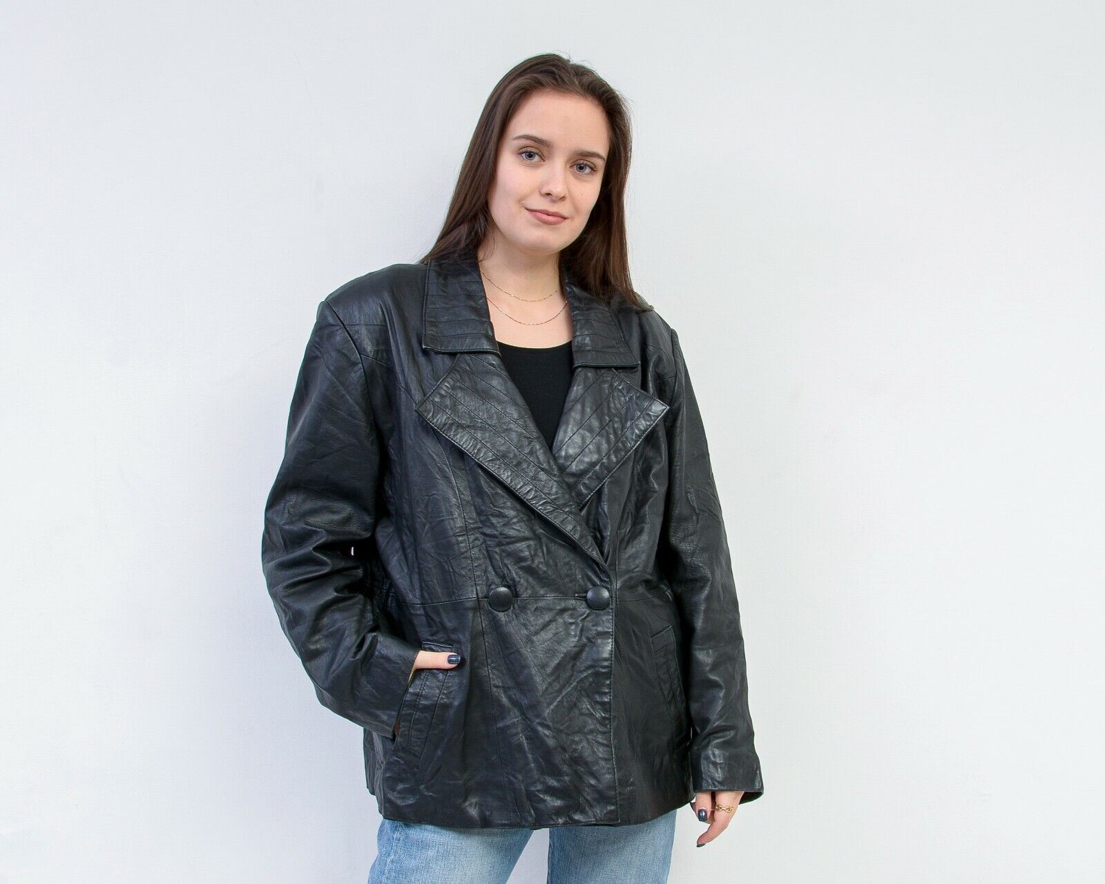 Vintage Leather Jacket Double Breasted Blazer Coat Biker Buttons Size L / US 10 / IT 46 - 2 Thumbnail
