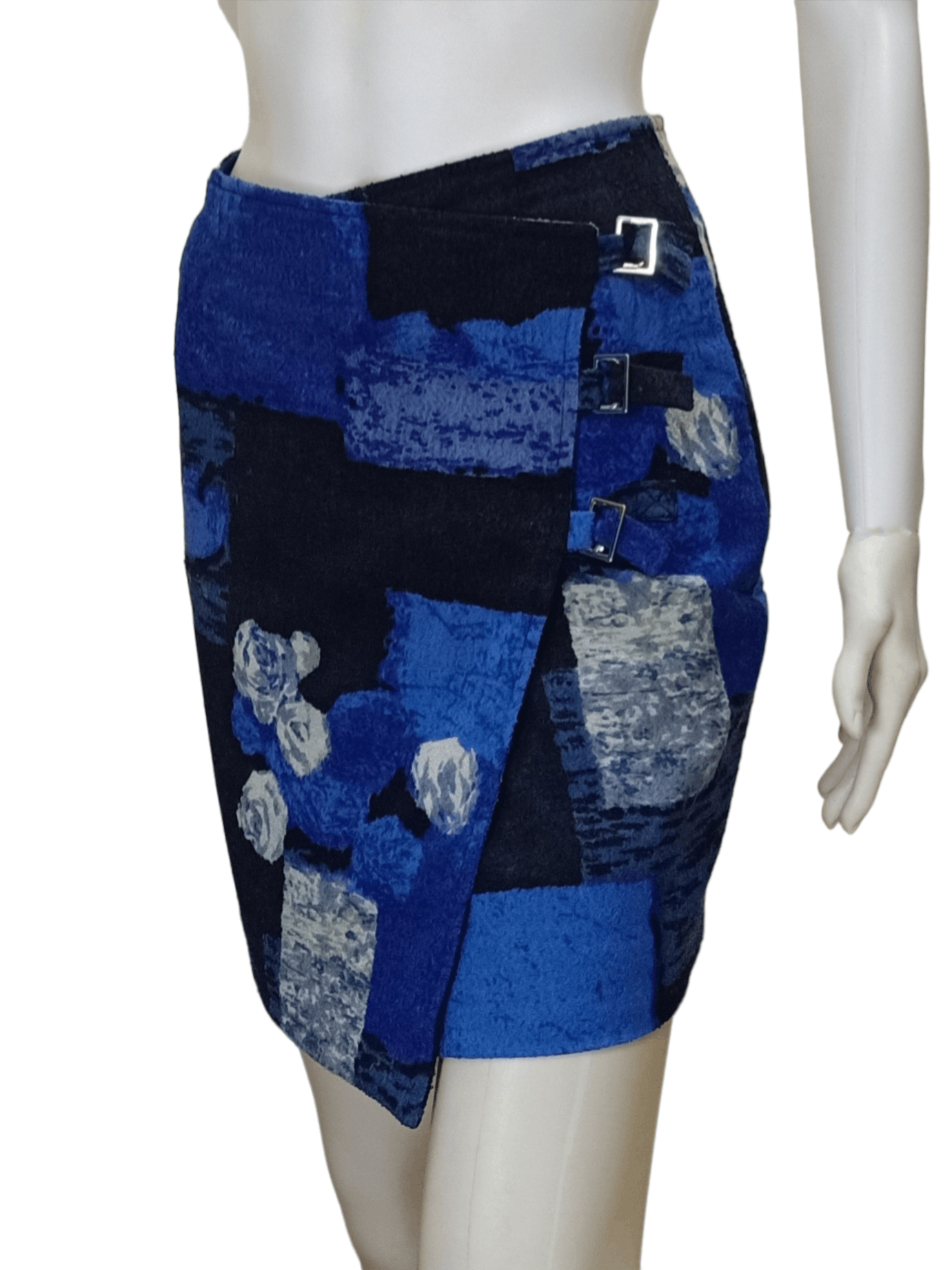 Japanese Brand KENZO PARIS Made In France Blue Flowers Cashmere Mini Skirt Size 26" / US 2 / IT 38 - 4 Thumbnail