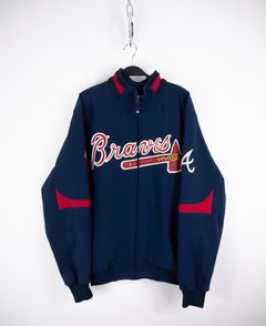 Vintage 90's Atlanta Braves Baseball Classic Navy Blue & Red Windbreaker  Pullover Majestic Jacket size XXL 