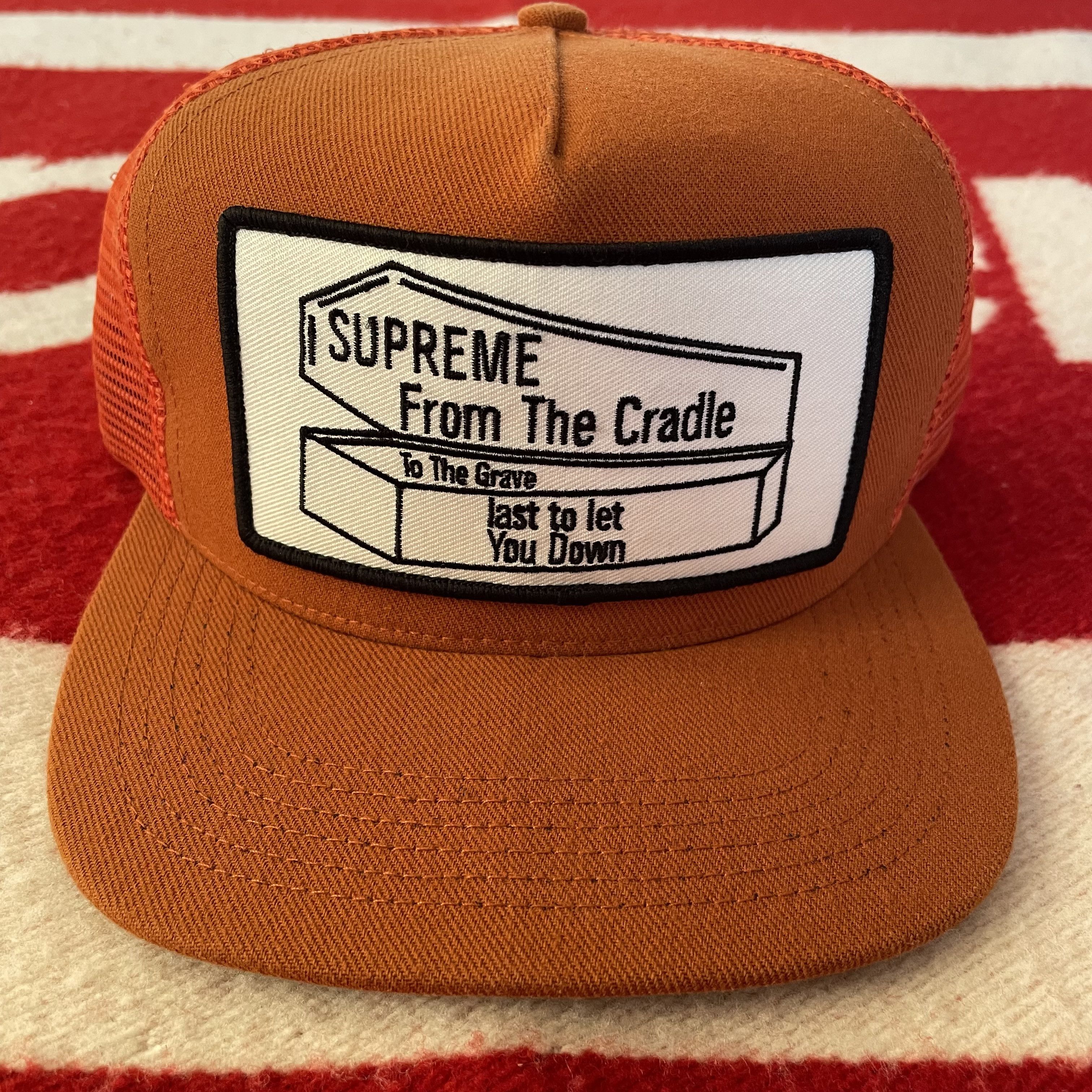image of Supreme Coffin Cradle To Grave Cap 5 Panel Hat Trucker Snapback in Burnt Orange, Men's