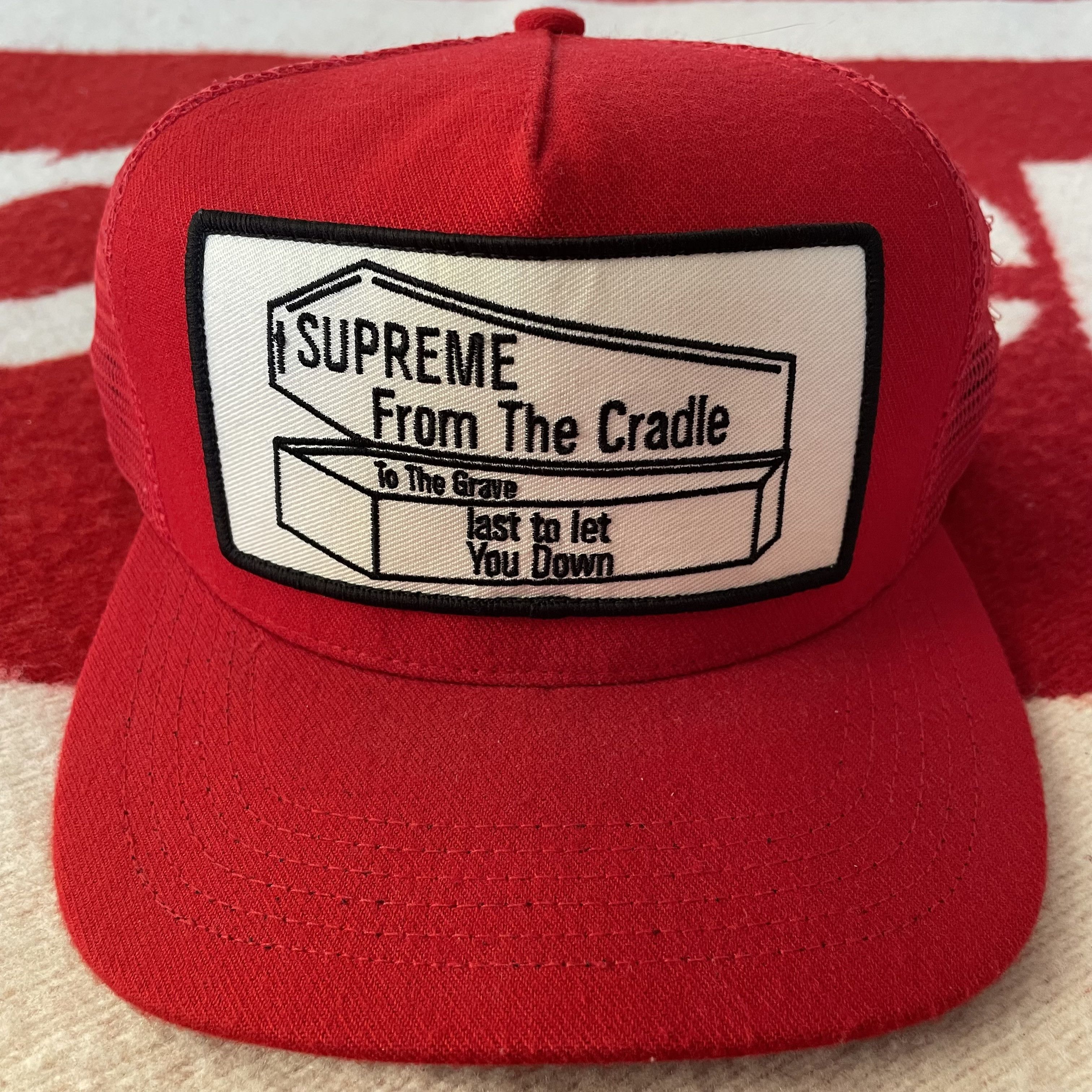 image of Supreme Coffin Cradle To Grave Cap 5 Panel Hat Trucker Snapback in Red, Men's