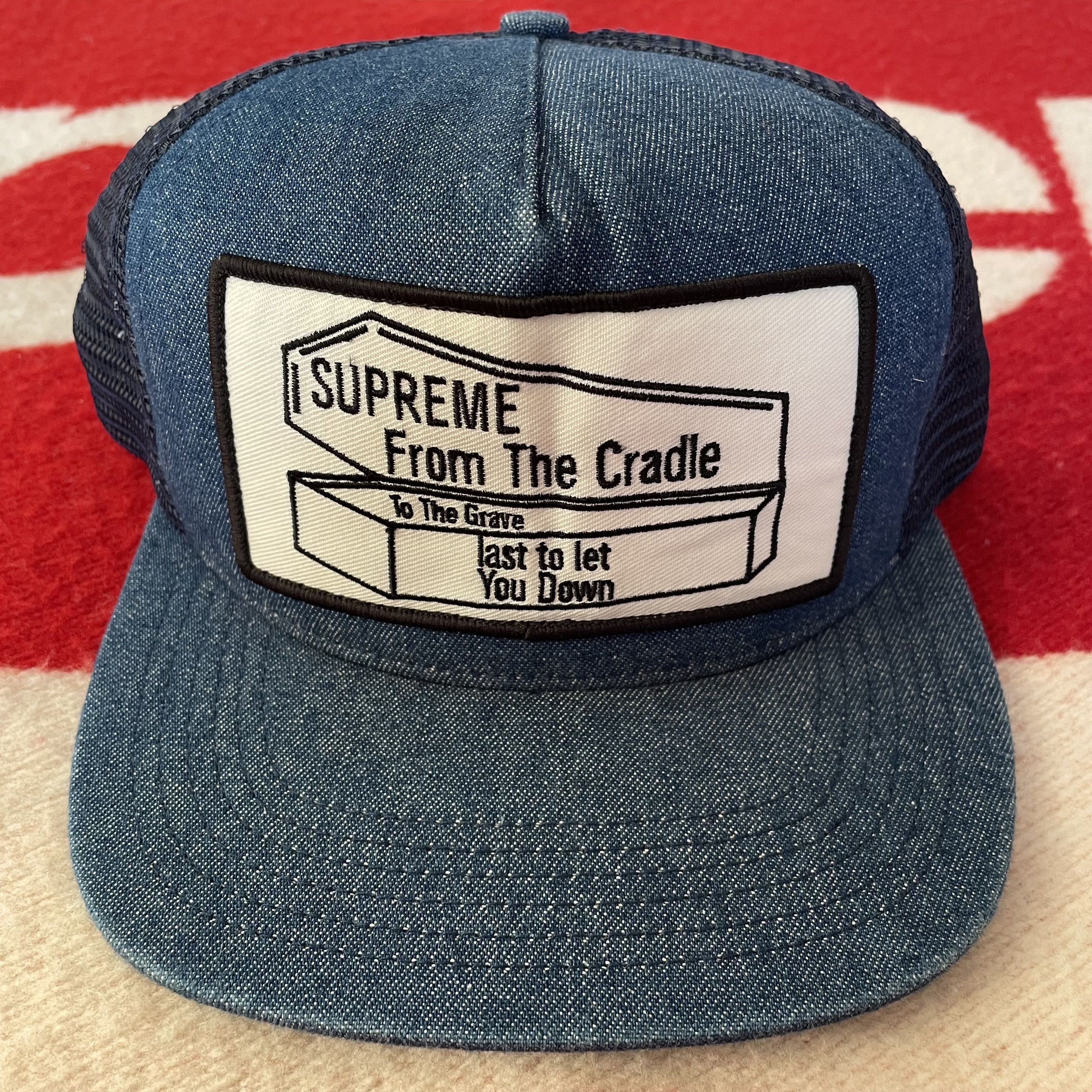 image of Supreme Coffin Cradle To Grave Cap 5 Panel Hat Trucker Snapback in Indigo, Men's