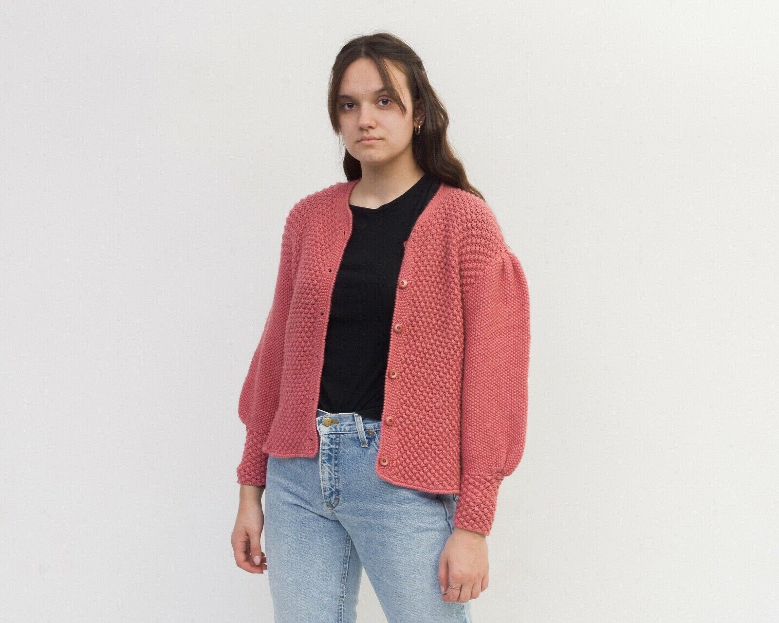 Other × Vintage Wool Cardigan Jacket Blazer Warm Knitwear Pink Puffy Sleeves Size L / US 10 / IT 46 - 1 Thumbnail