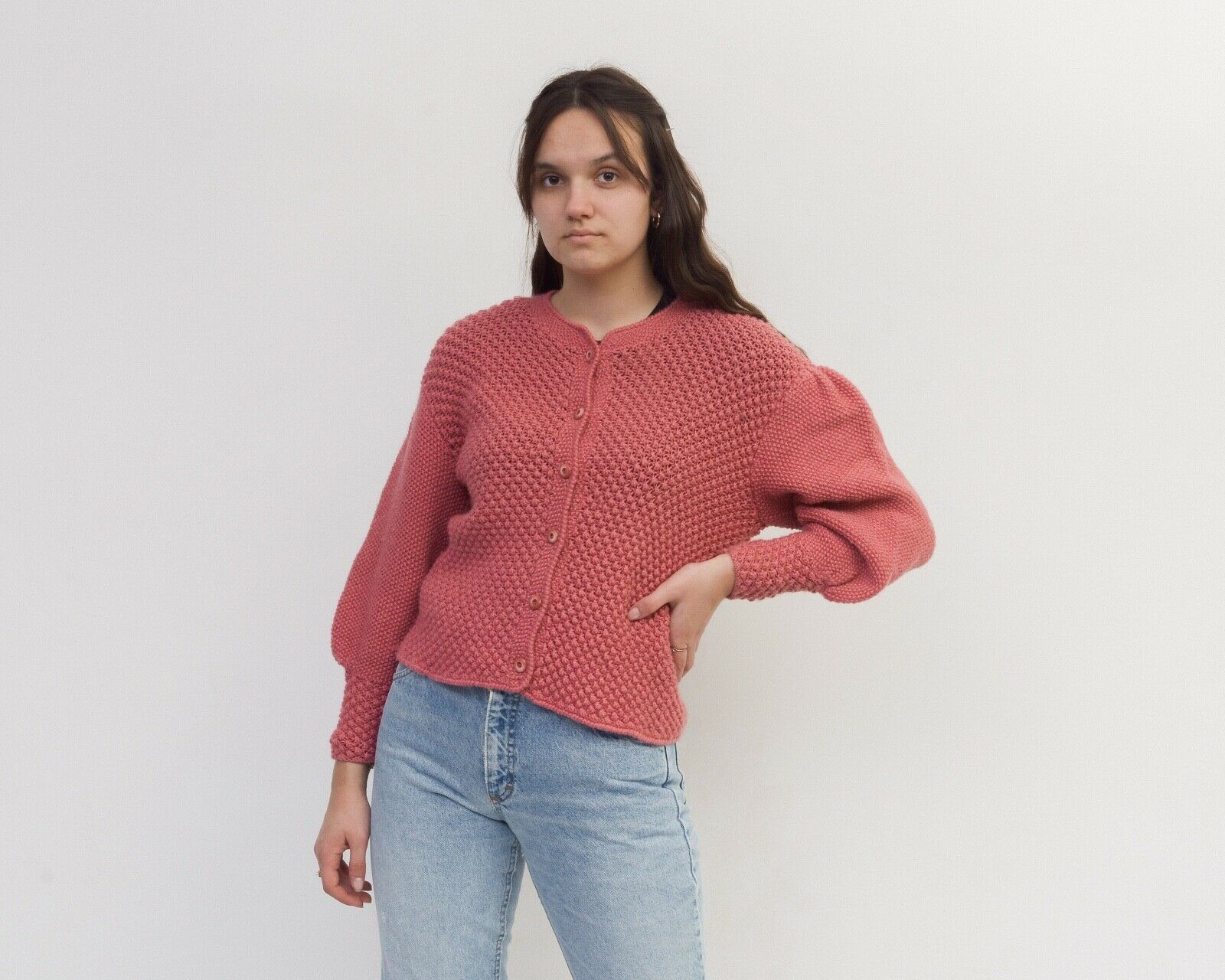 Other × Vintage Wool Cardigan Jacket Blazer Warm Knitwear Pink Puffy Sleeves Size L / US 10 / IT 46 - 2 Thumbnail