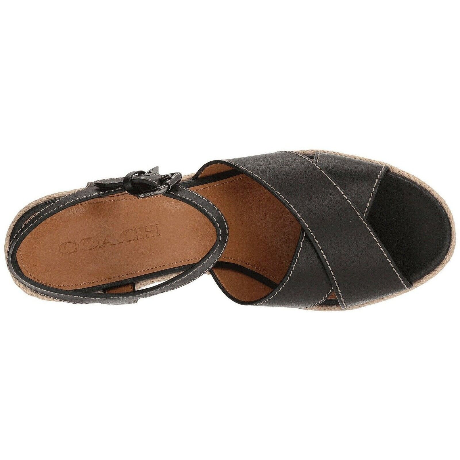 Coach Eaton Black Leather Denim Wedge Sandals Size 9.5 NIB G