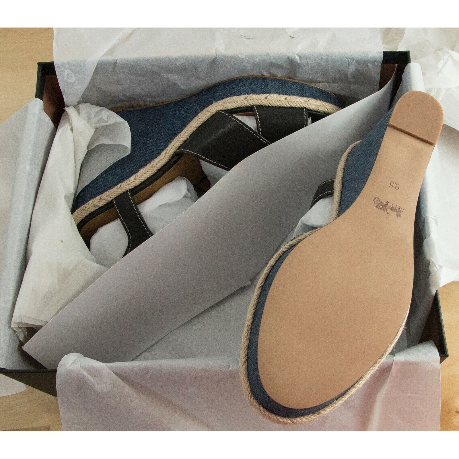 Coach Eaton Black Leather Denim Wedge Sandals Size 9.5 NIB G