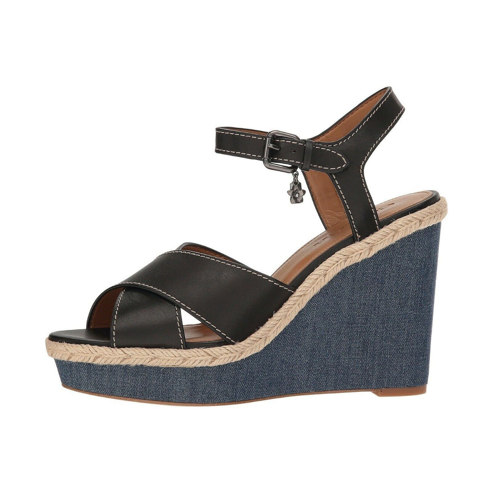 Coach Eaton Black Leather Denim Wedge Sandals Size 9.5 NIB G
