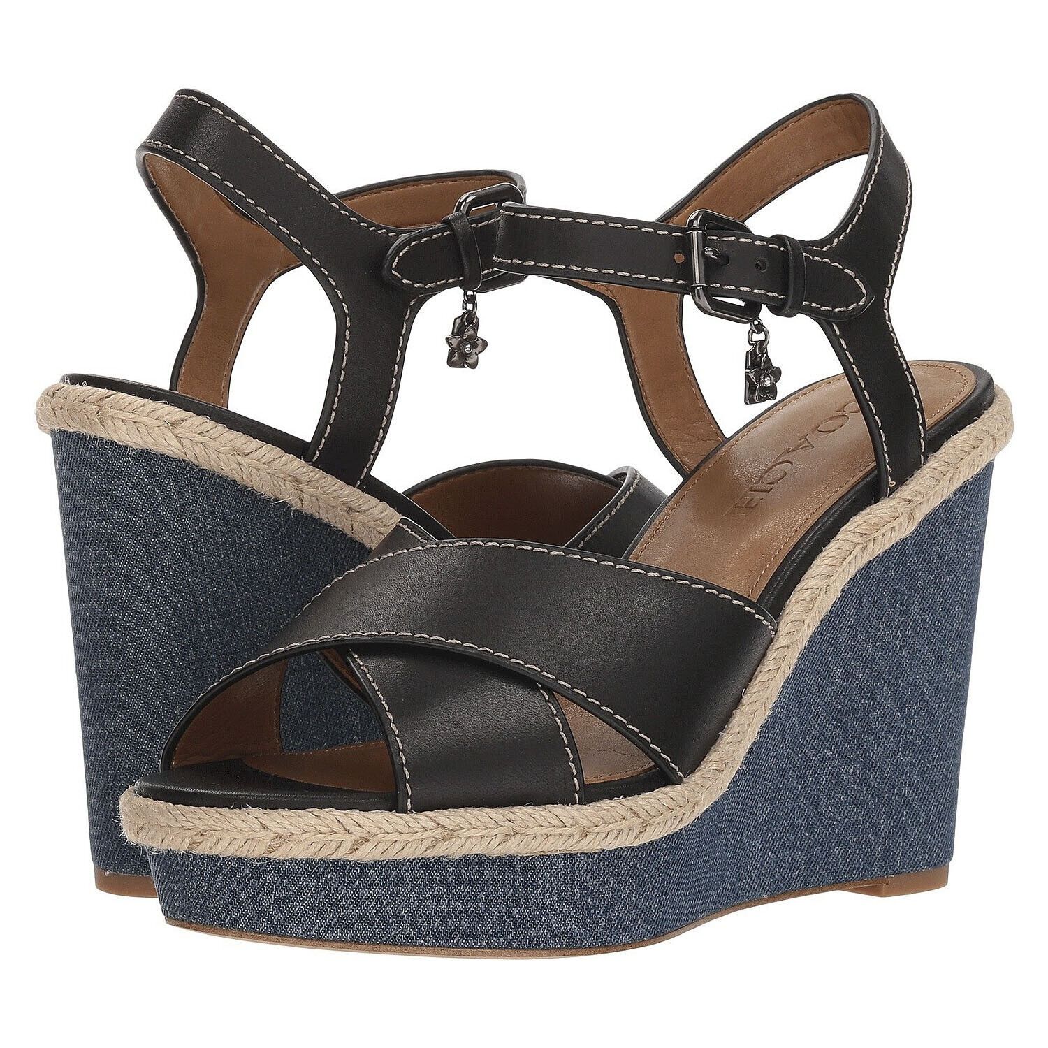 Coach Eaton Black Leather Denim Wedge Sandals Size 9.5 NIB G