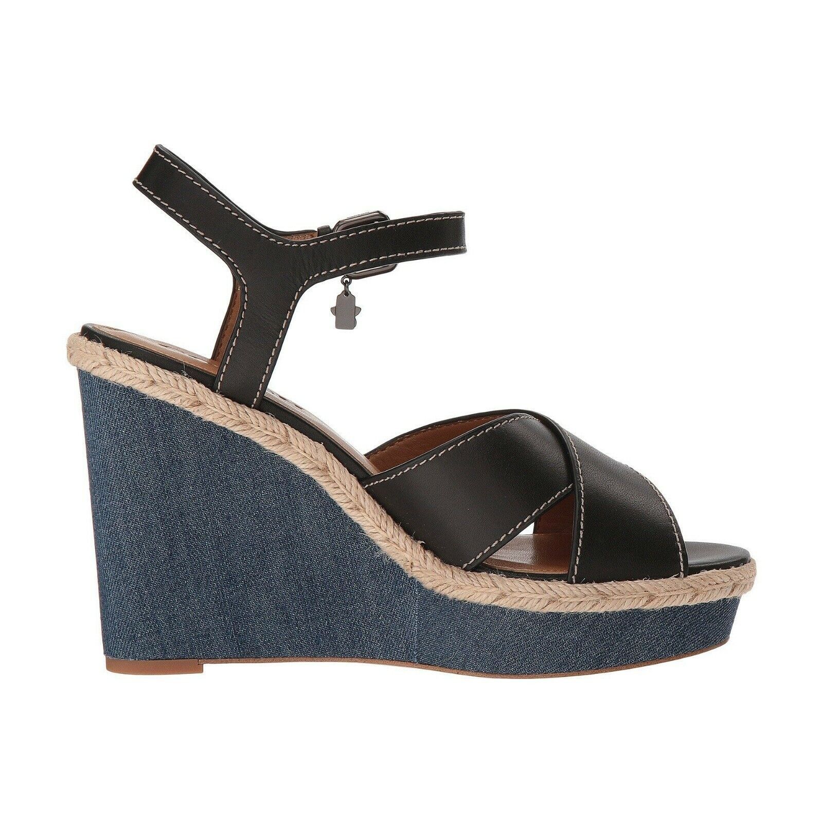 Coach Eaton Black Leather Denim Wedge Sandals Size 9.5 NIB G