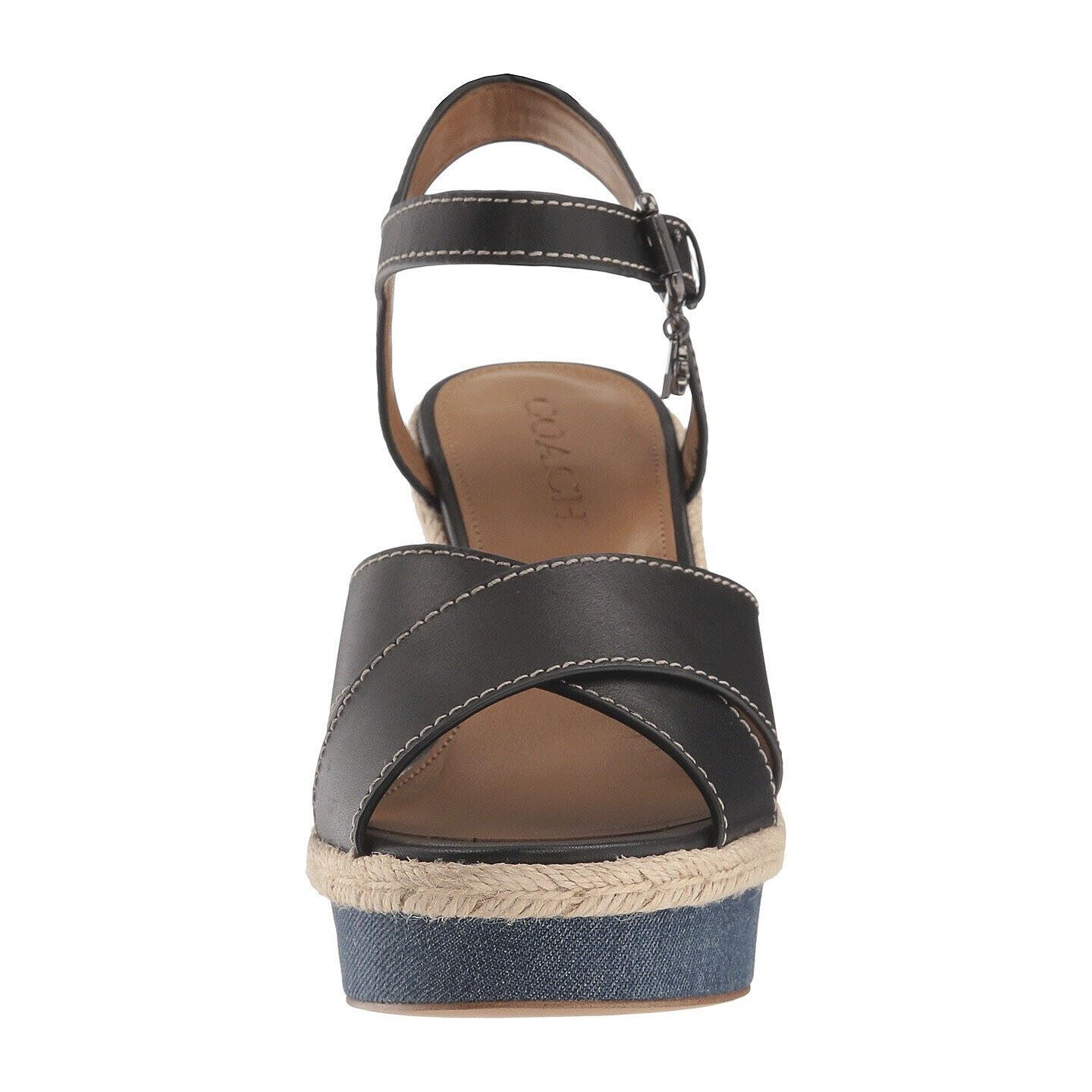 Coach Eaton Black Leather Denim Wedge Sandals Size 9.5 NIB G