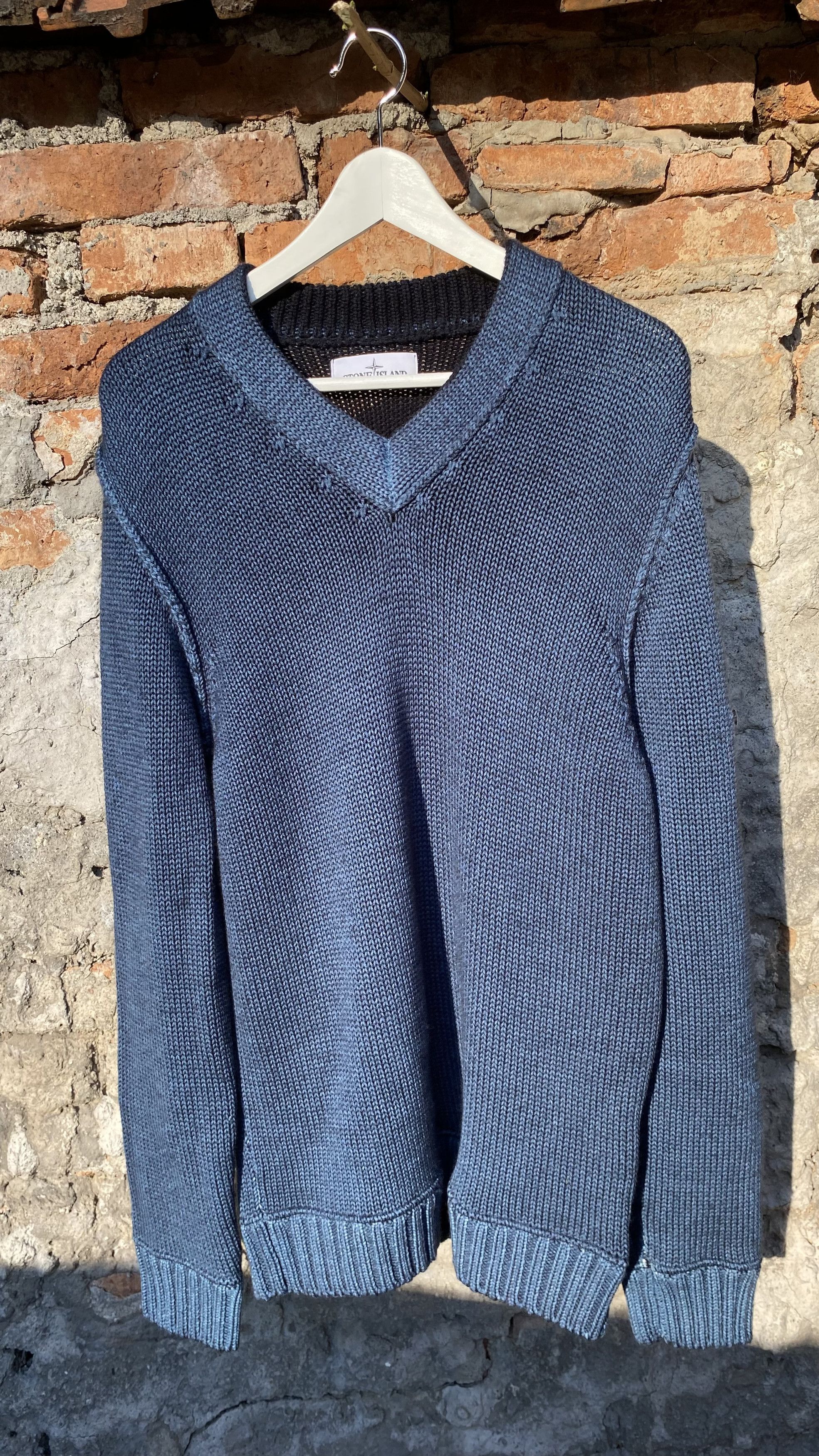 image of Stone Island V-Neck Sweater In Wool in Blue, Men's (Size Large)