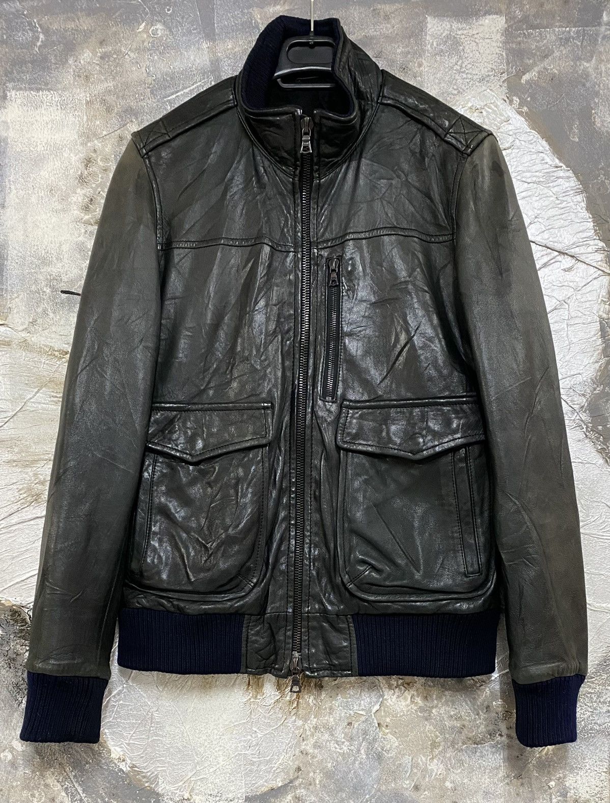 Ships Jet Blue Leather Bomber Jacket