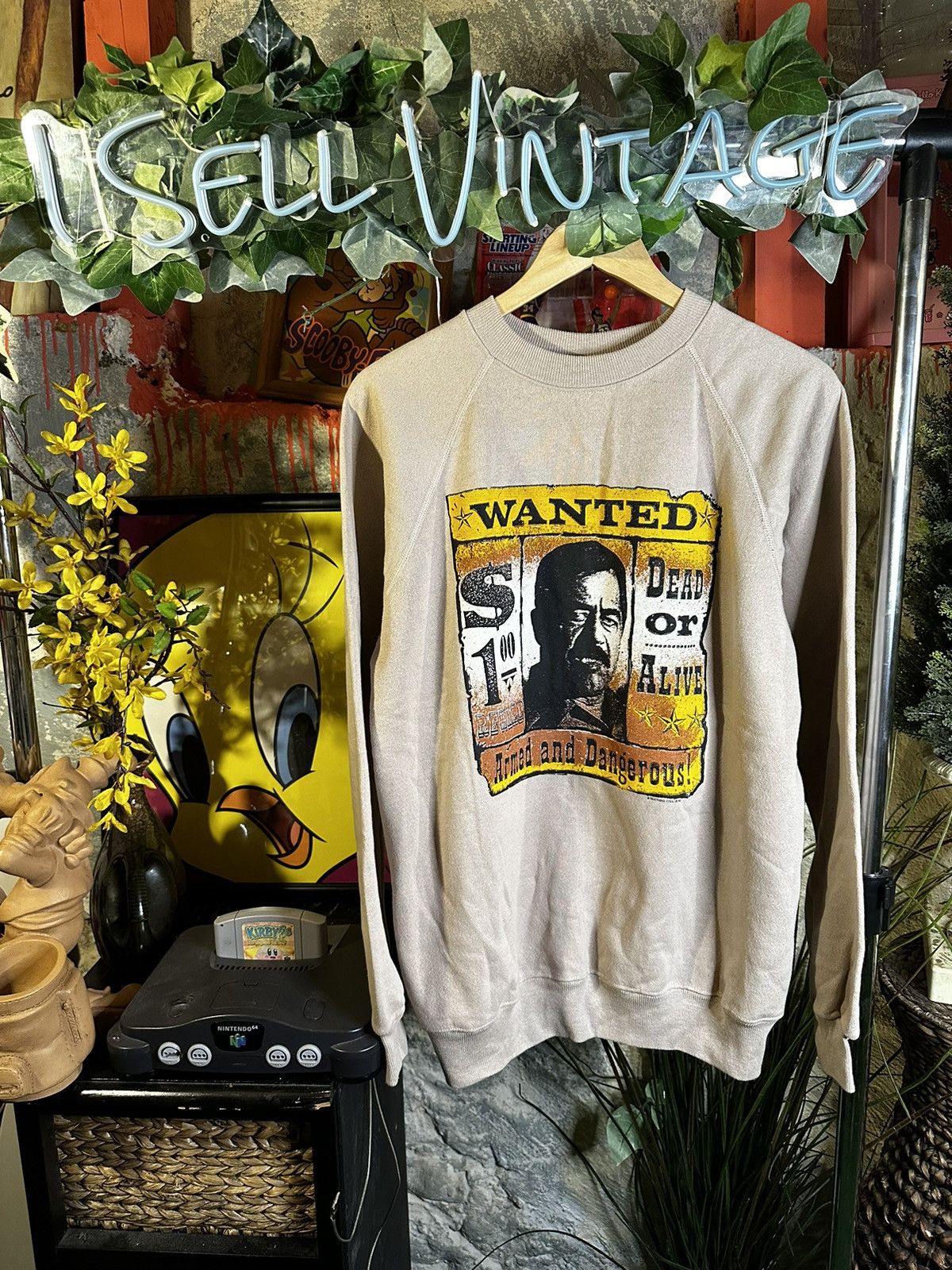 Deadstock Vintage 90s Saddam Hussein Wanted Poster Crewneck