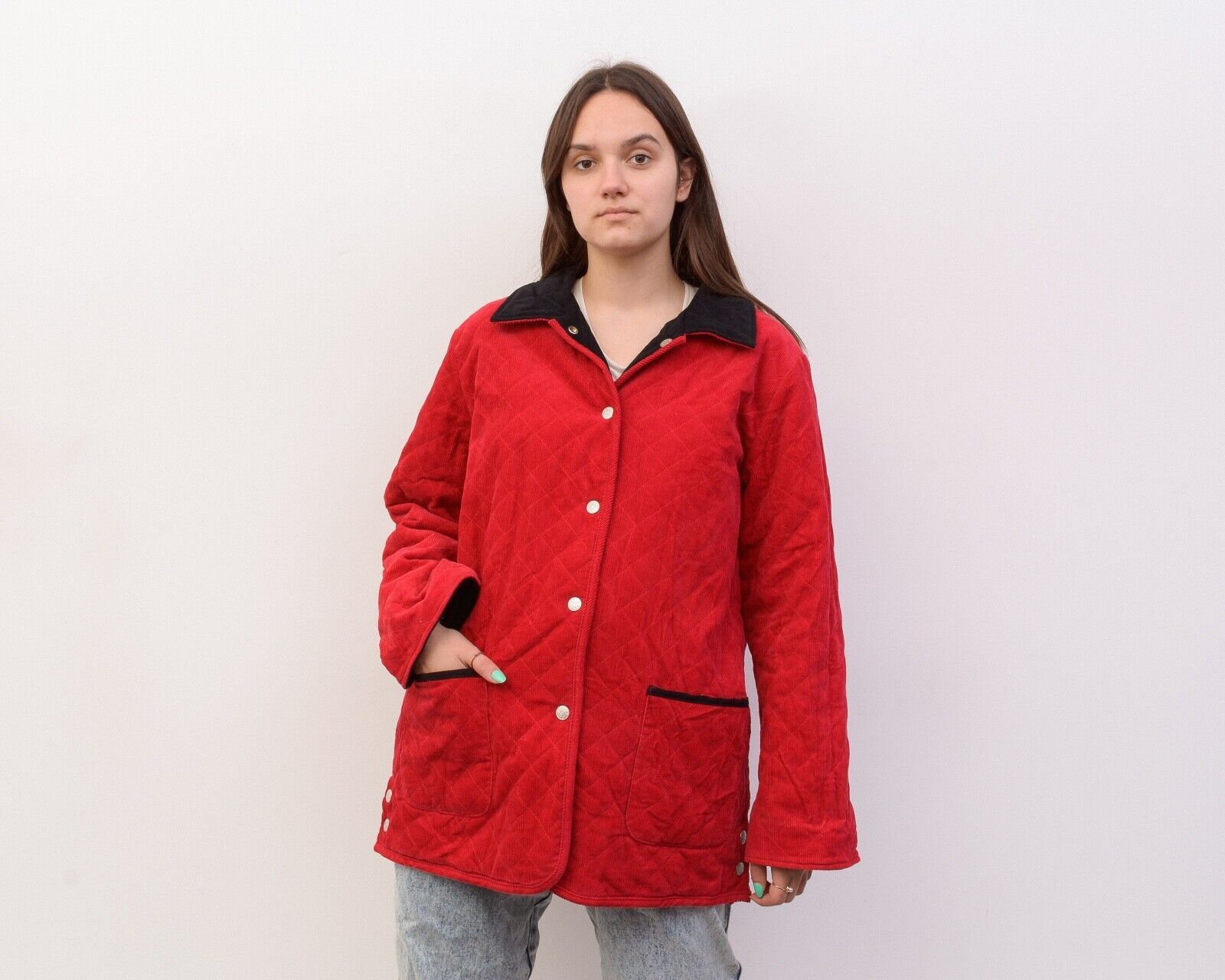 Denim & Co. × Vintage Women Corduroy Double Sided Jacket Blazer Coat Black Quilted Size L / US 10 / IT 46 - 2 Thumbnail