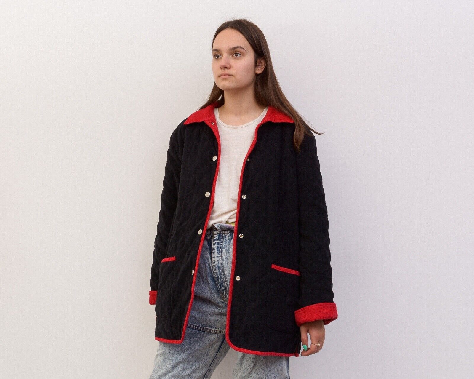 Denim & Co. × Vintage Women Corduroy Double Sided Jacket Blazer Coat Black Quilted Size L / US 10 / IT 46 - 1 Thumbnail