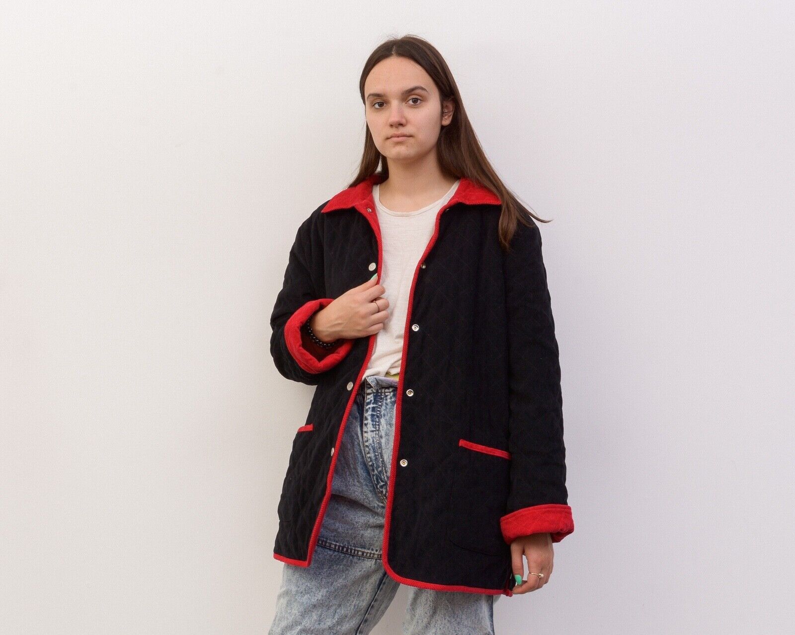 Denim & Co. × Vintage Women Corduroy Double Sided Jacket Blazer Coat Black Quilted Size L / US 10 / IT 46 - 3 Thumbnail