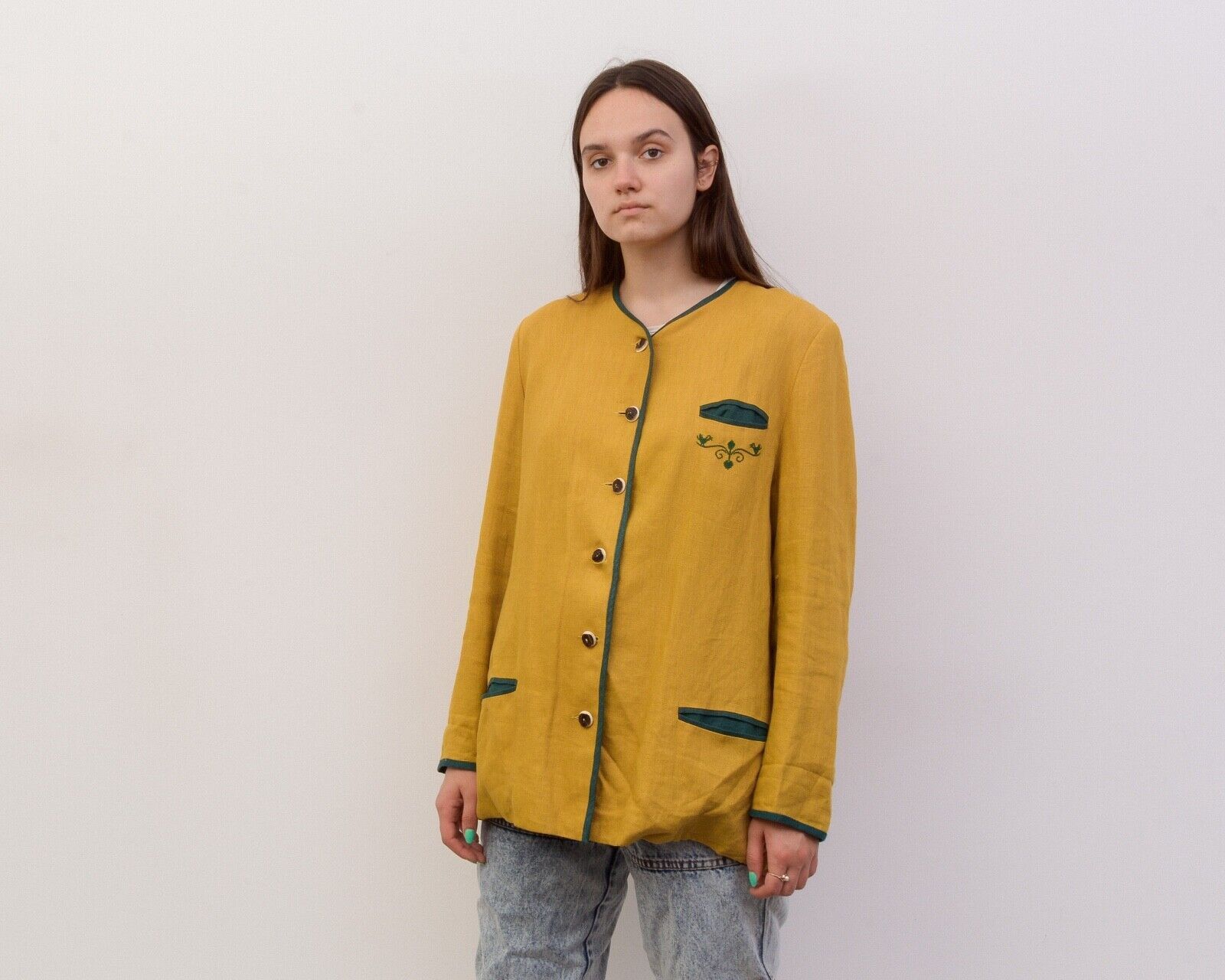 Vintage Blazer Linen Jacket Trachten Cardigan Embroidered Austria Size L / US 10 / IT 46 - 4 Thumbnail