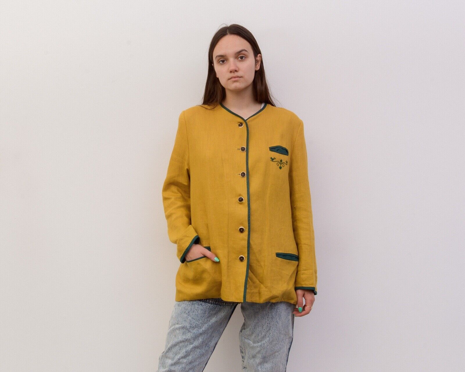 Vintage Blazer Linen Jacket Trachten Cardigan Embroidered Austria Size L / US 10 / IT 46 - 1 Thumbnail