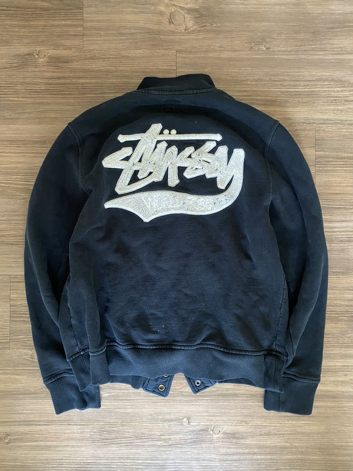 image of 2000S Stussy Cotton Chenille Logo Varsity in Black, Men's (Size Small)