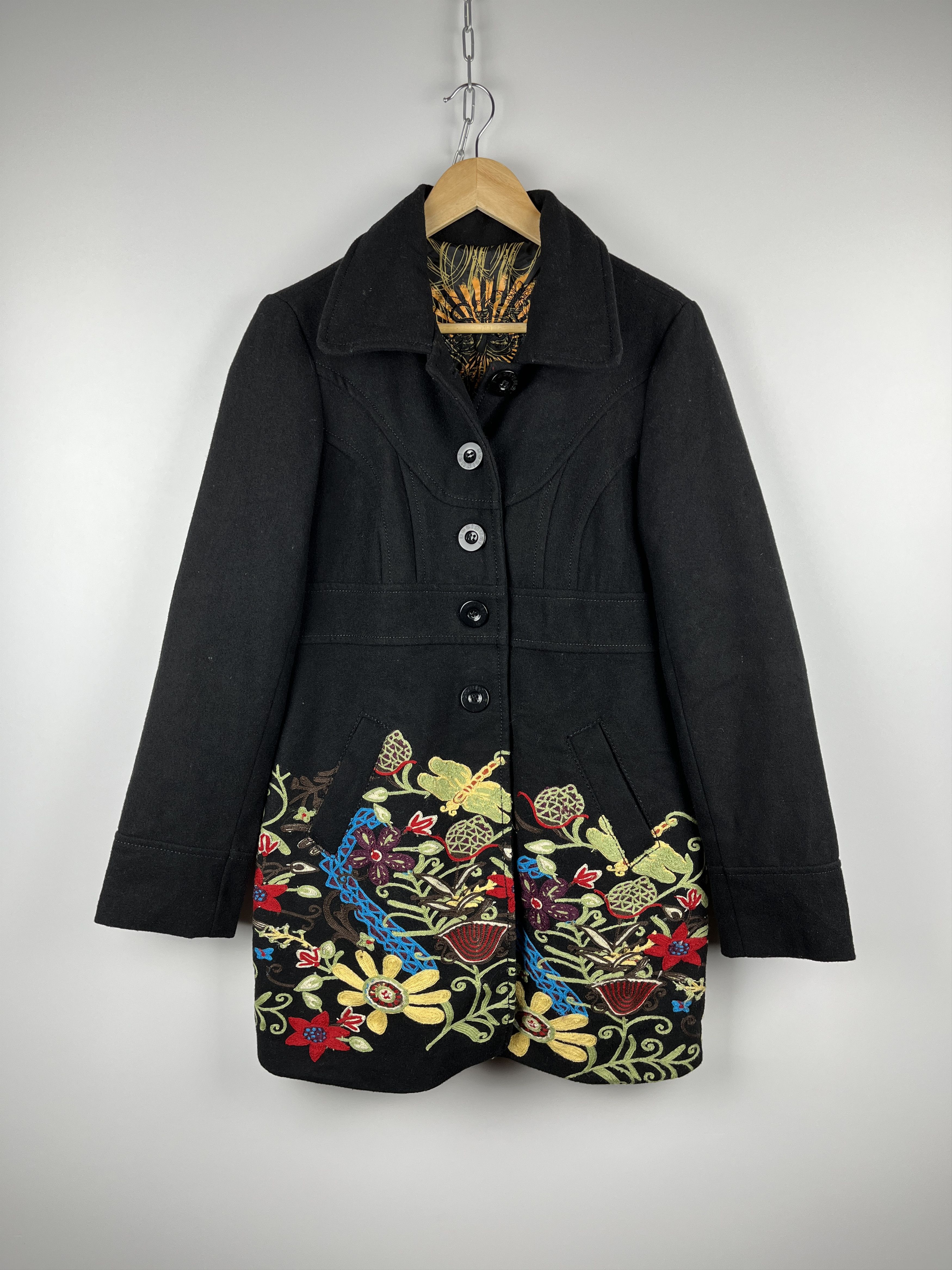 image of Desigual Floral Embroidered Coat Overcoat Jacket in Black, Women's (Size Small)