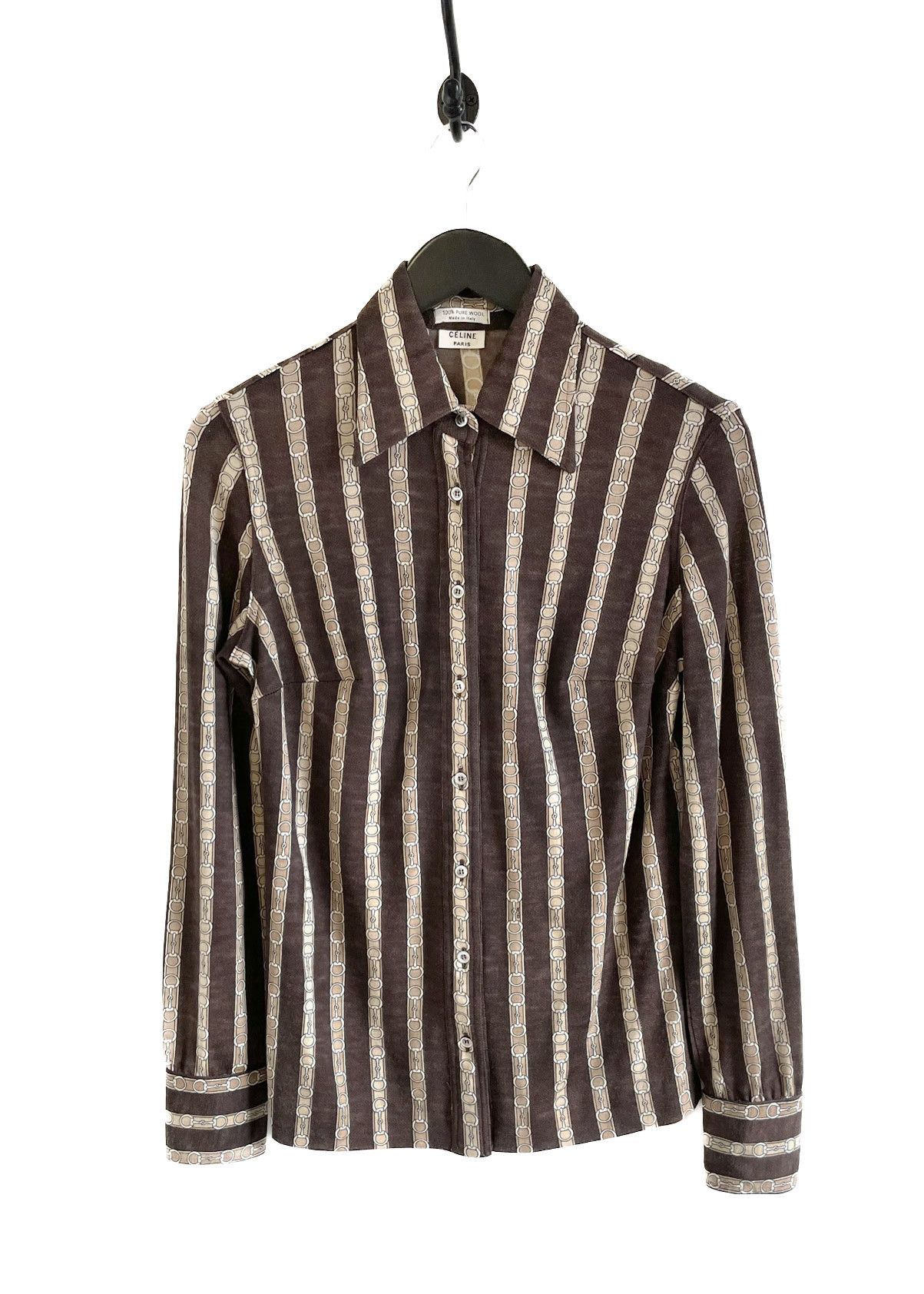 Celine Céline Vintage Brown Horsebit Print Wool Blouse Size XL / US 12-14 / IT 48-50 - 1 Thumbnail