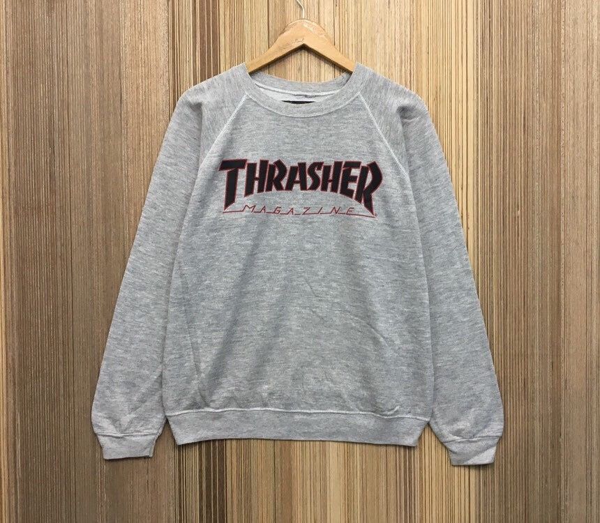 image of 90's Thrasher Crewneck Sweatshirt Big Logo Spell Out in Grey, Men's (Size Large)