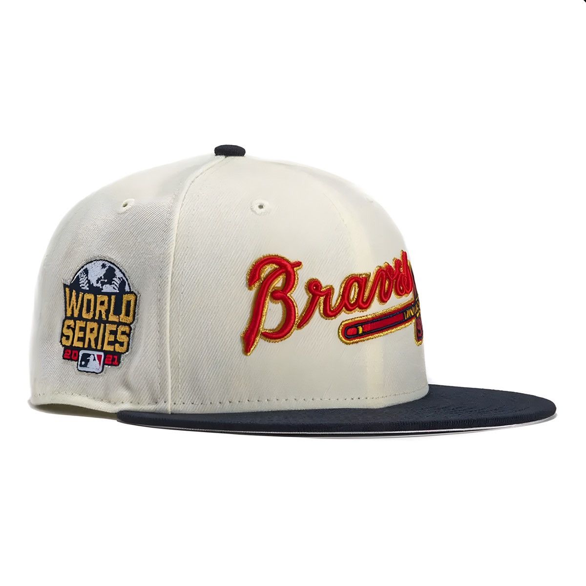 image of Hat Club Atlanta Braves Jersey Logo Script Fitted Hat 7 7/8 in White, Men's