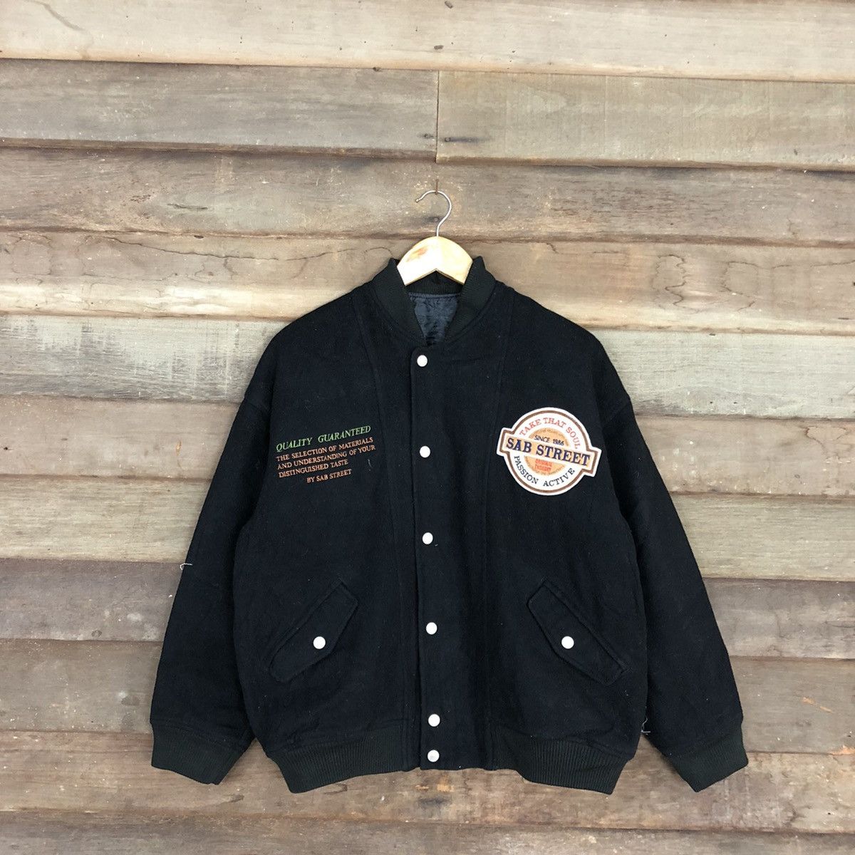 image of Sab Street Black Wool Varsity Jacket 0550, Men's (Size Large)