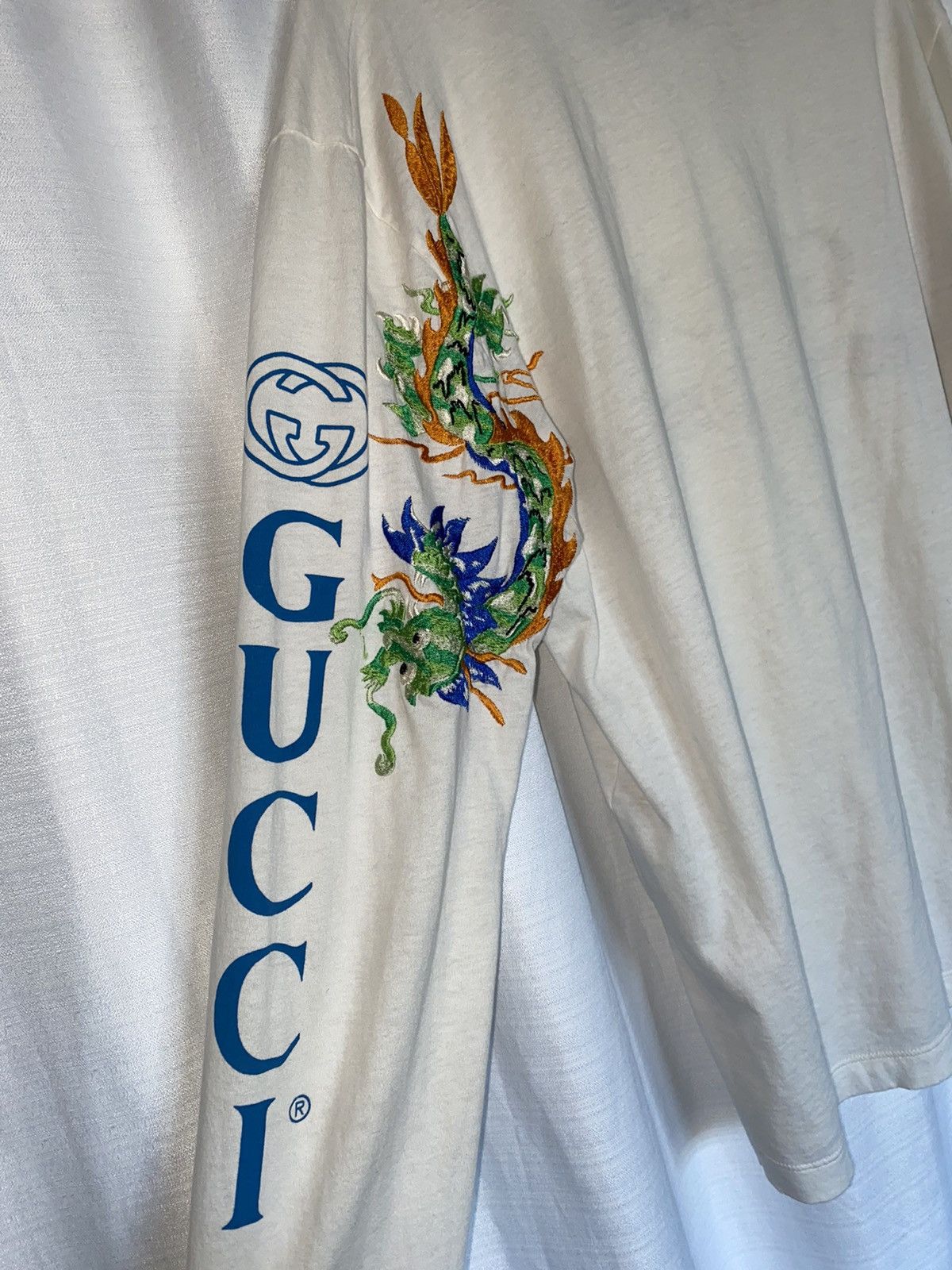Gucci Gucci Embroidered Dragon Distressed Long Sleeve White Tshirt Size US S / EU 44-46 / 1 - 9 Thumbnail