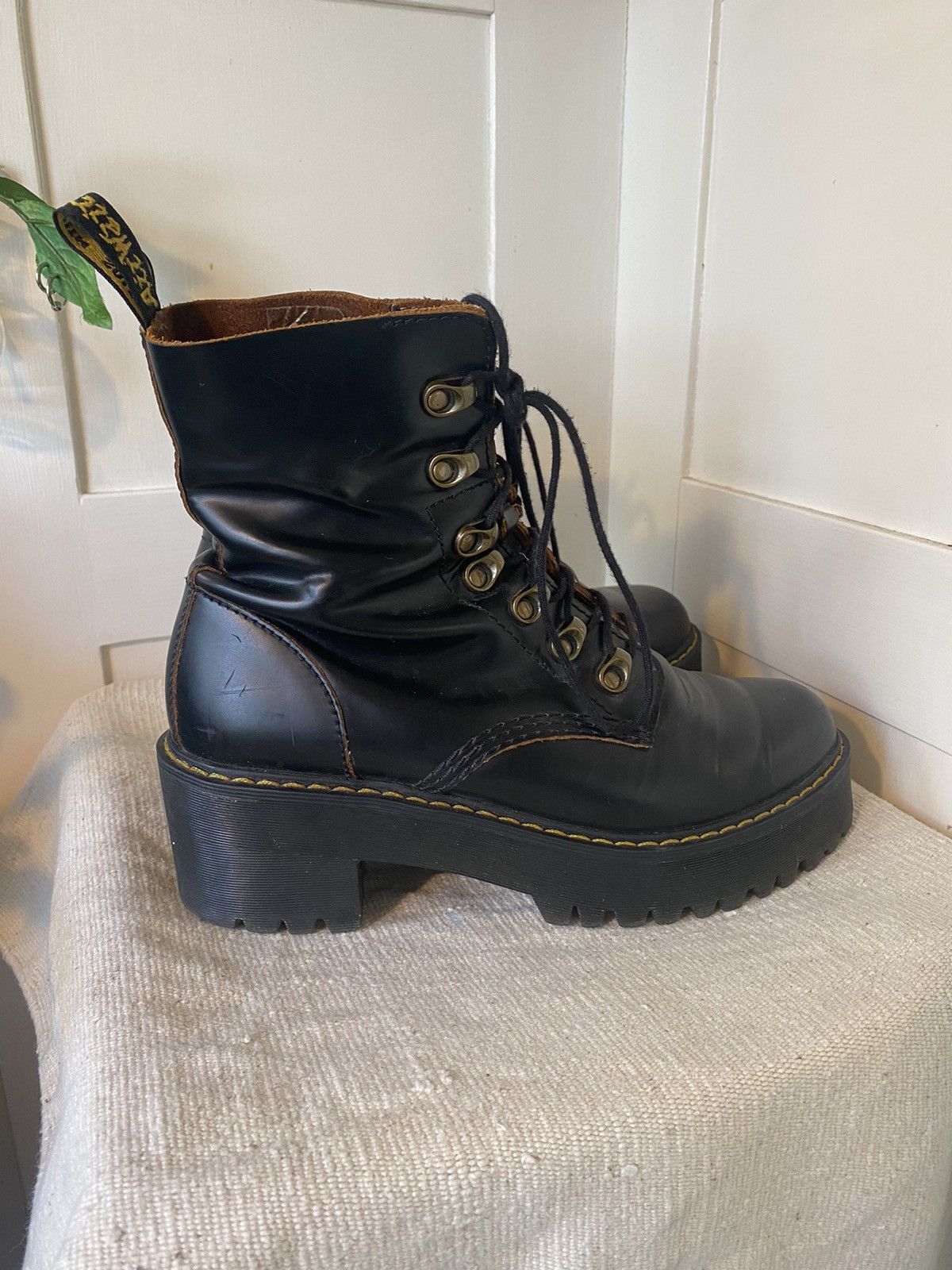 DR. MARTENS Black Leather High Lace-Up LEONA Heeled Boots