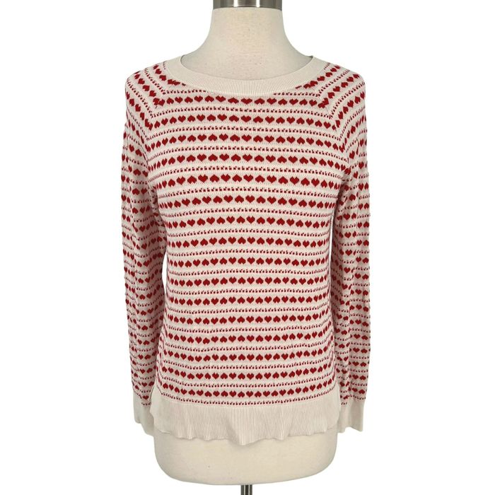 Loft Loft Heart Print Crewneck Lightweight Sweater White Red Size | Grailed