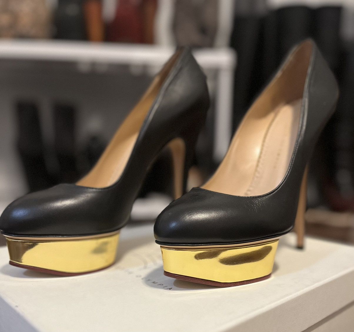 Charlotte Olympia Dolly Platform Pumps in Navy/Gold 40.5IT