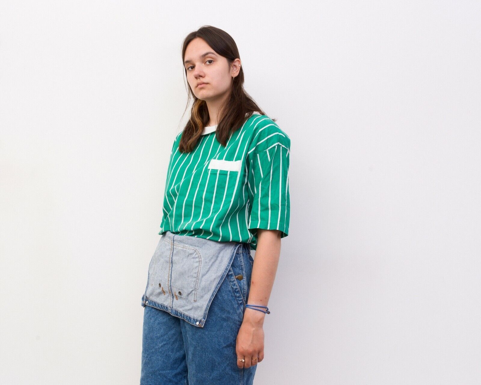 Other × Vintage Women 90s Pinstriped Green Tie Top Blouse Streetwear Y2K Size L / US 10 / IT 46 - 2 Thumbnail