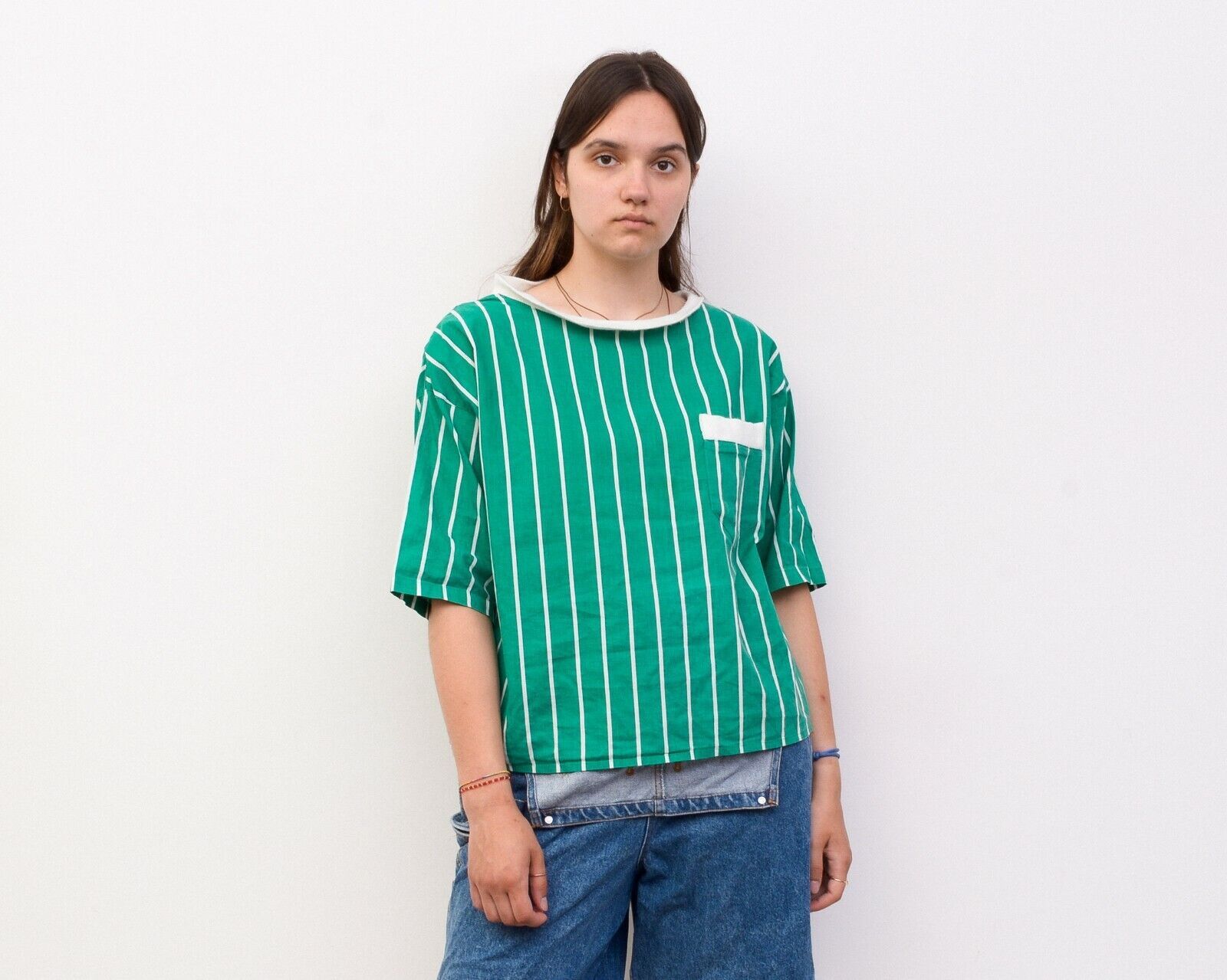 Other × Vintage Women 90s Pinstriped Green Tie Top Blouse Streetwear Y2K Size L / US 10 / IT 46 - 1 Thumbnail