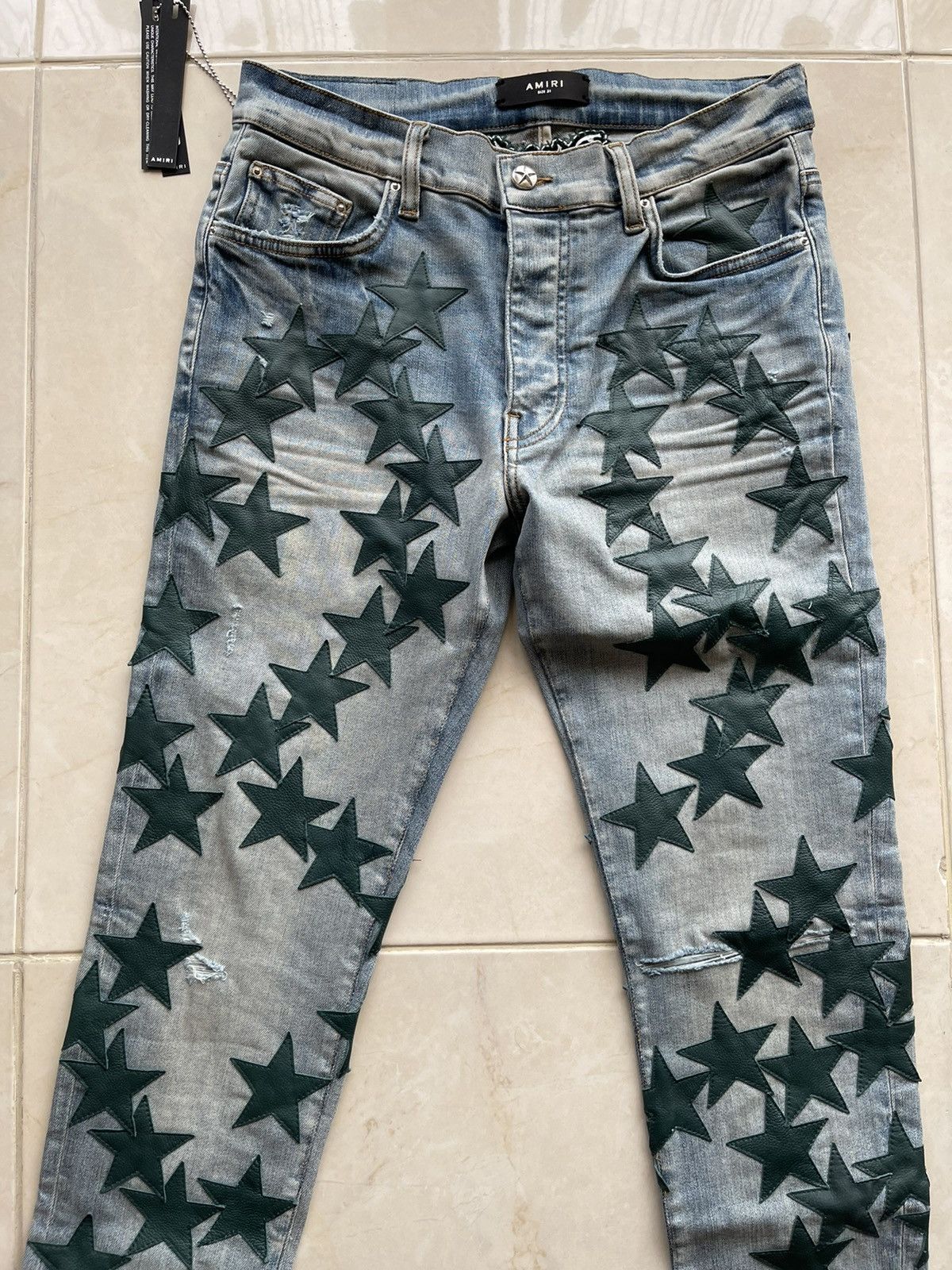 image of Amiri X Chemist Denim Green Leather Stars in Blue, Men's (Size 31)