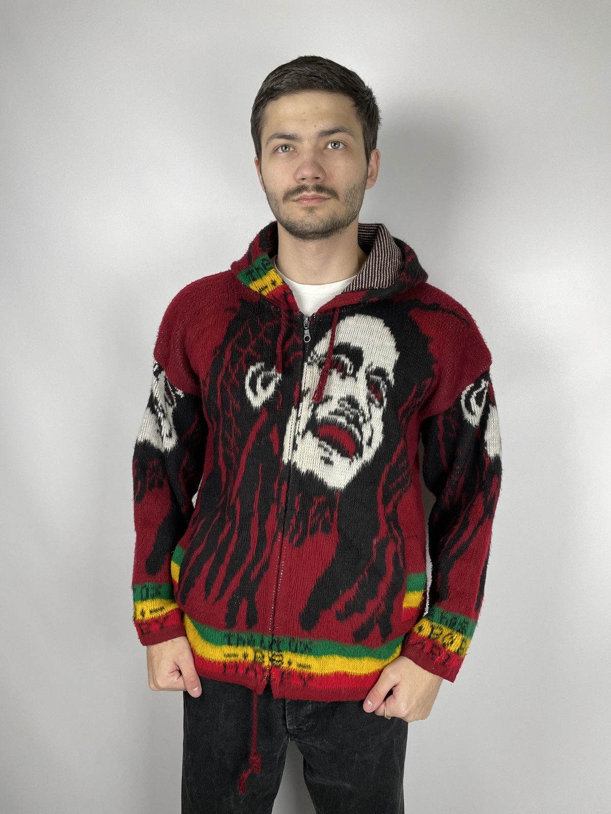 Band Tees × Bob Marley × Vintage Vintage 90s Bob Marley All Over Print Wool Zip Hoodie Size US S / EU 44-46 / 1 - 1 Thumbnail